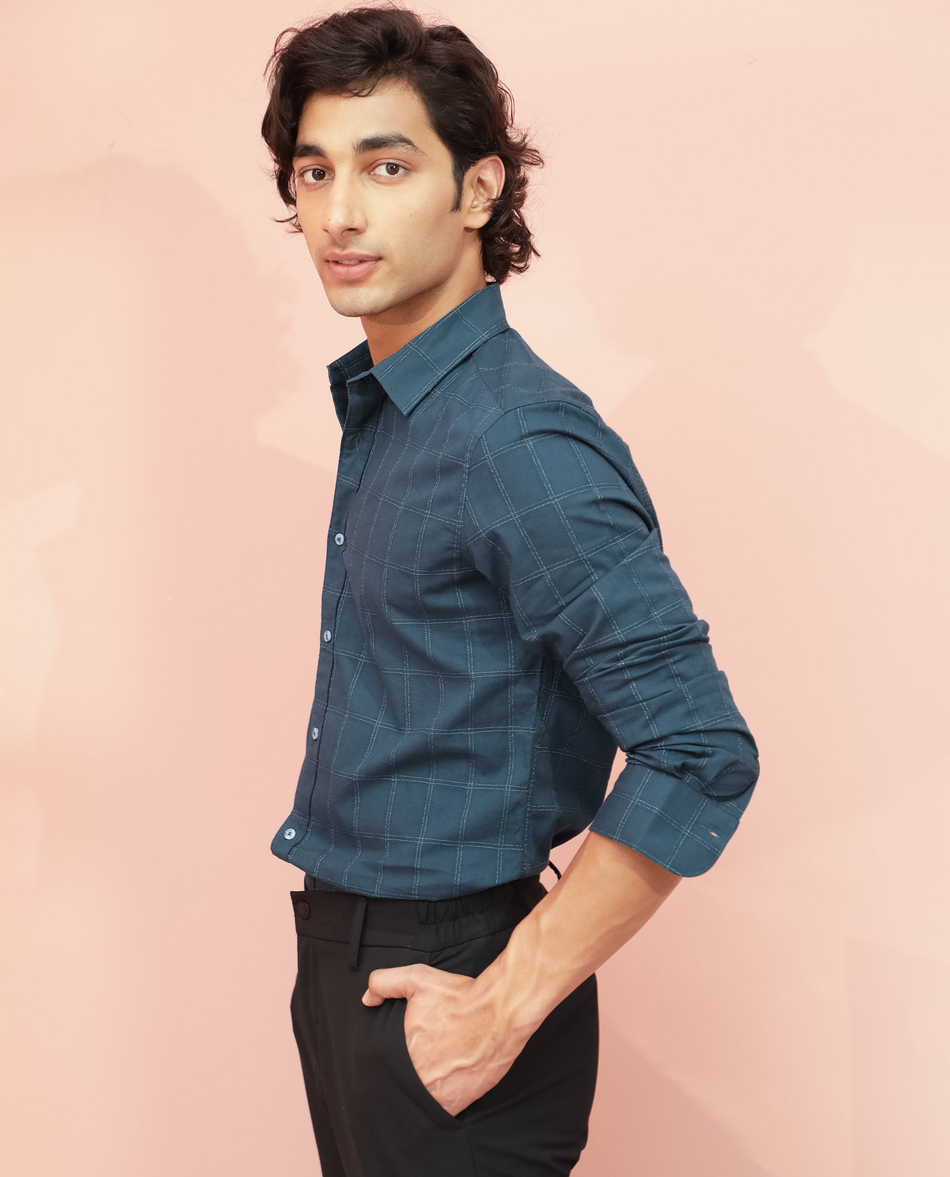 Rare Rabbit Men's Hecker Petrol Cotton Fabric Full Sleeves Dobby Checks Shirt