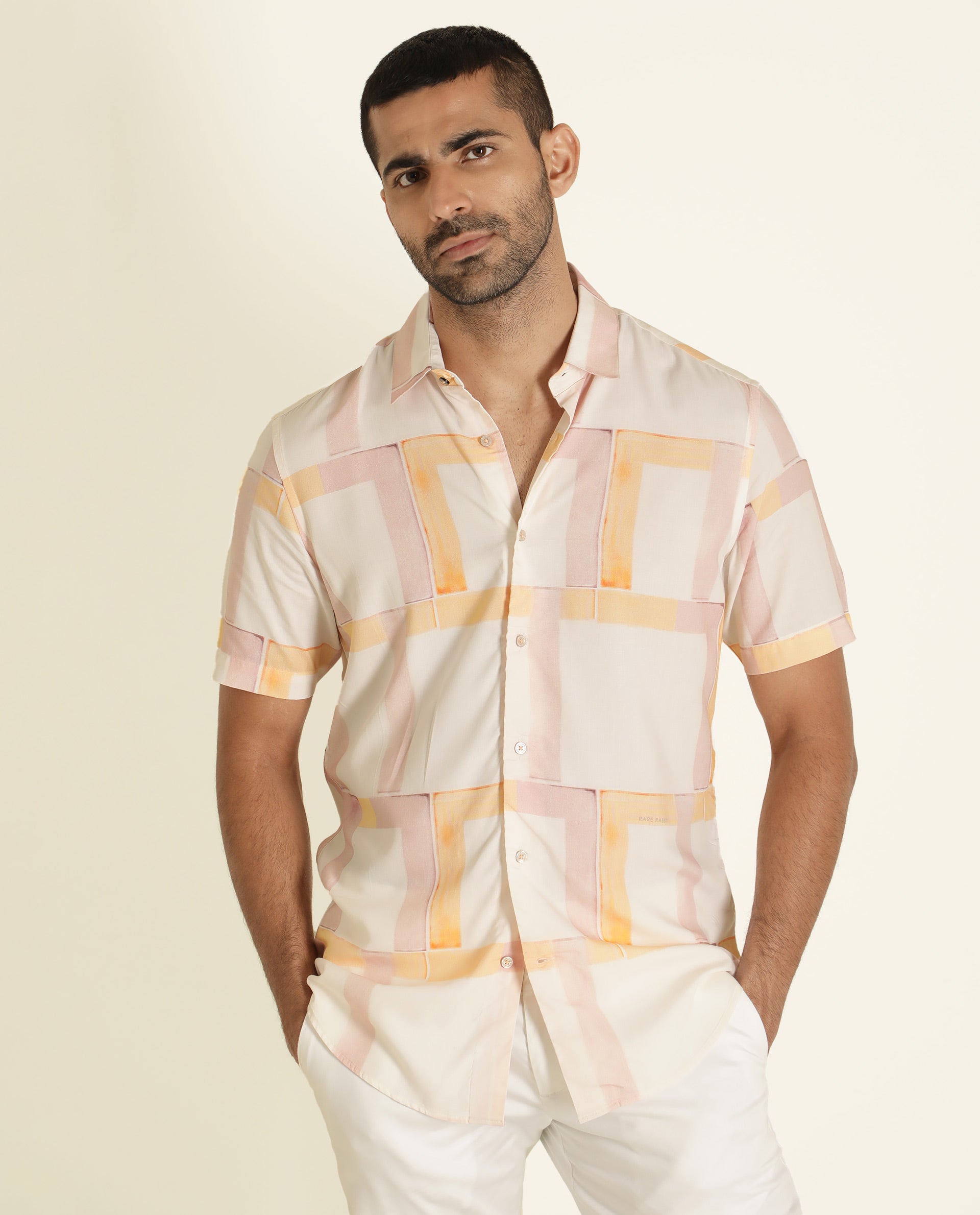 Rare Rabbit Men's Kexby White Viscose Fabric Abstract Print Half Sleeves Shirt