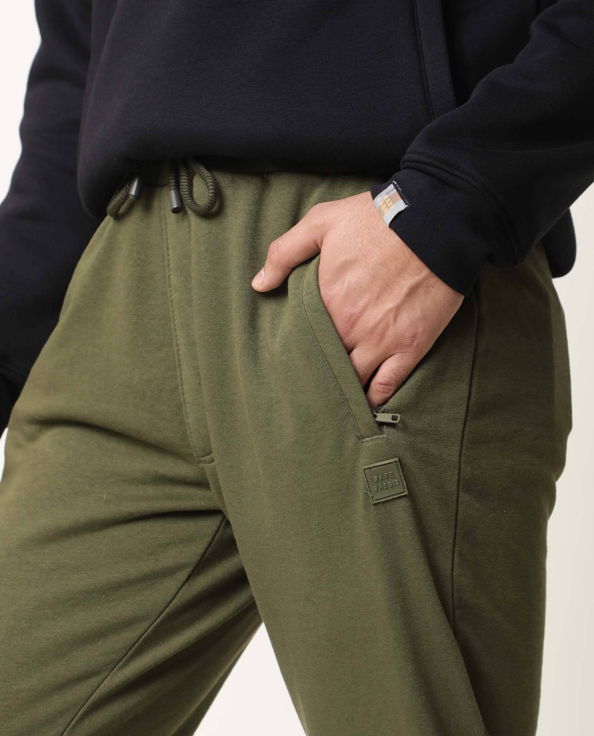 RARE RABBIT MEN'S ARTIC OLIVE TRACK PANT COTTON POLY FABRIC SLIM FIT MID RISE