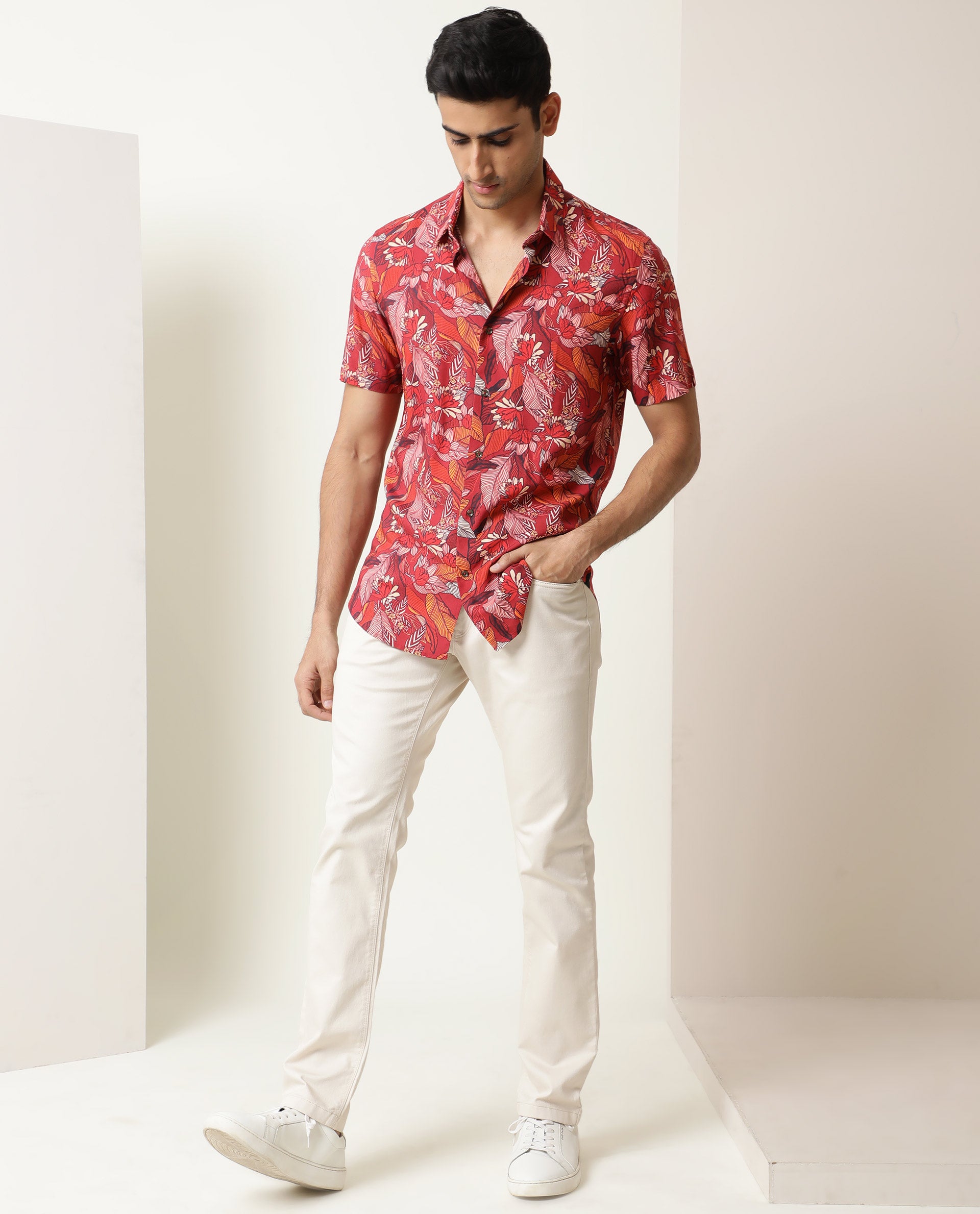 Rare Rabbit Men's Sinn Dark Red Viscose Fabric Floral Print Half Sleeves Shirt