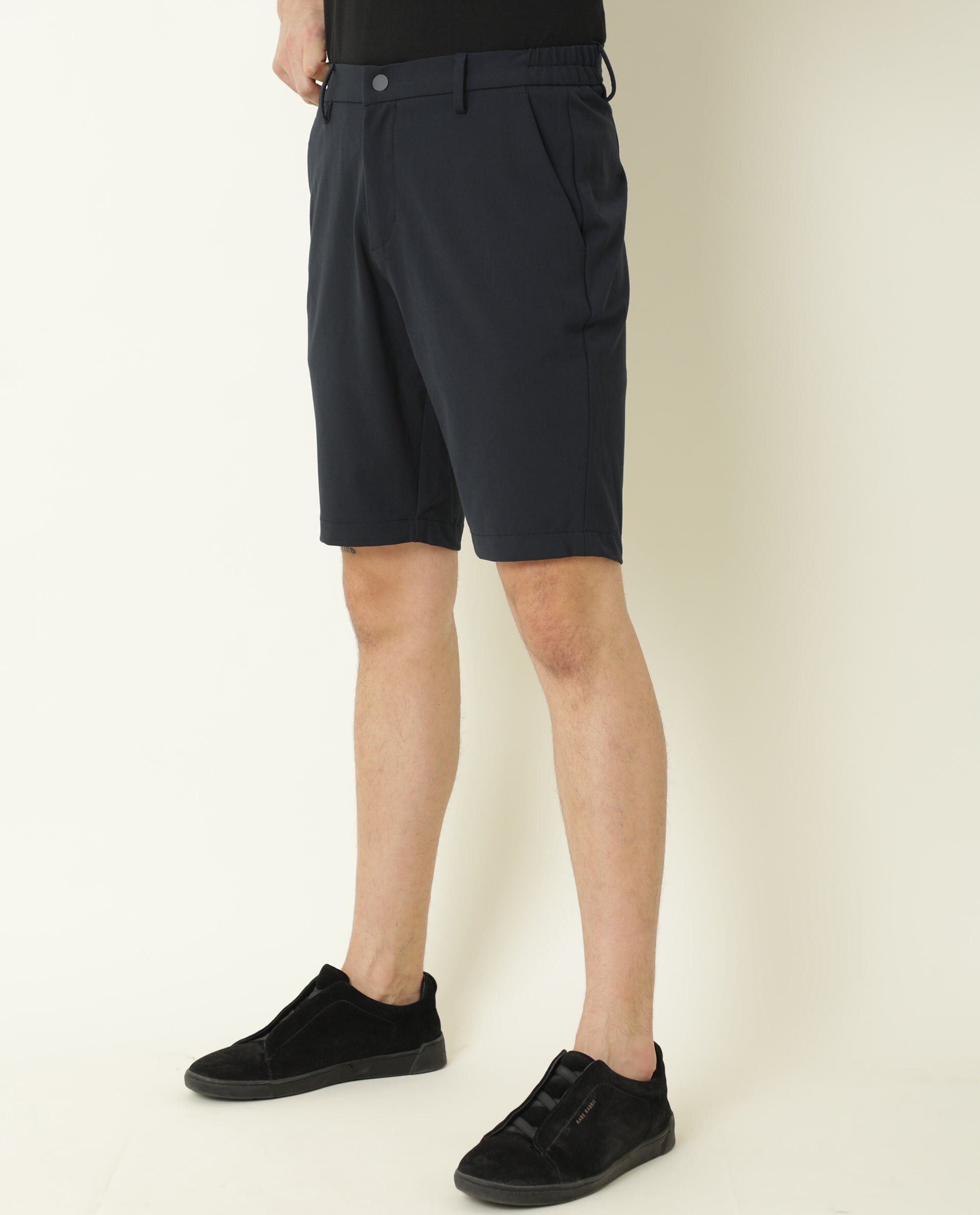 Rare Rabbit Mens Trip Navy Mid Rise Regular Fit Solid Shorts