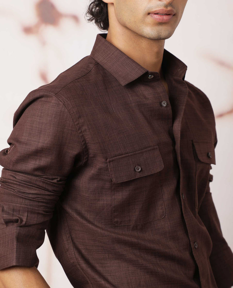 Rare Rabbit Men's Safa Brown Cotton Lyocell Fabric Full Sleeves Solid Shirt