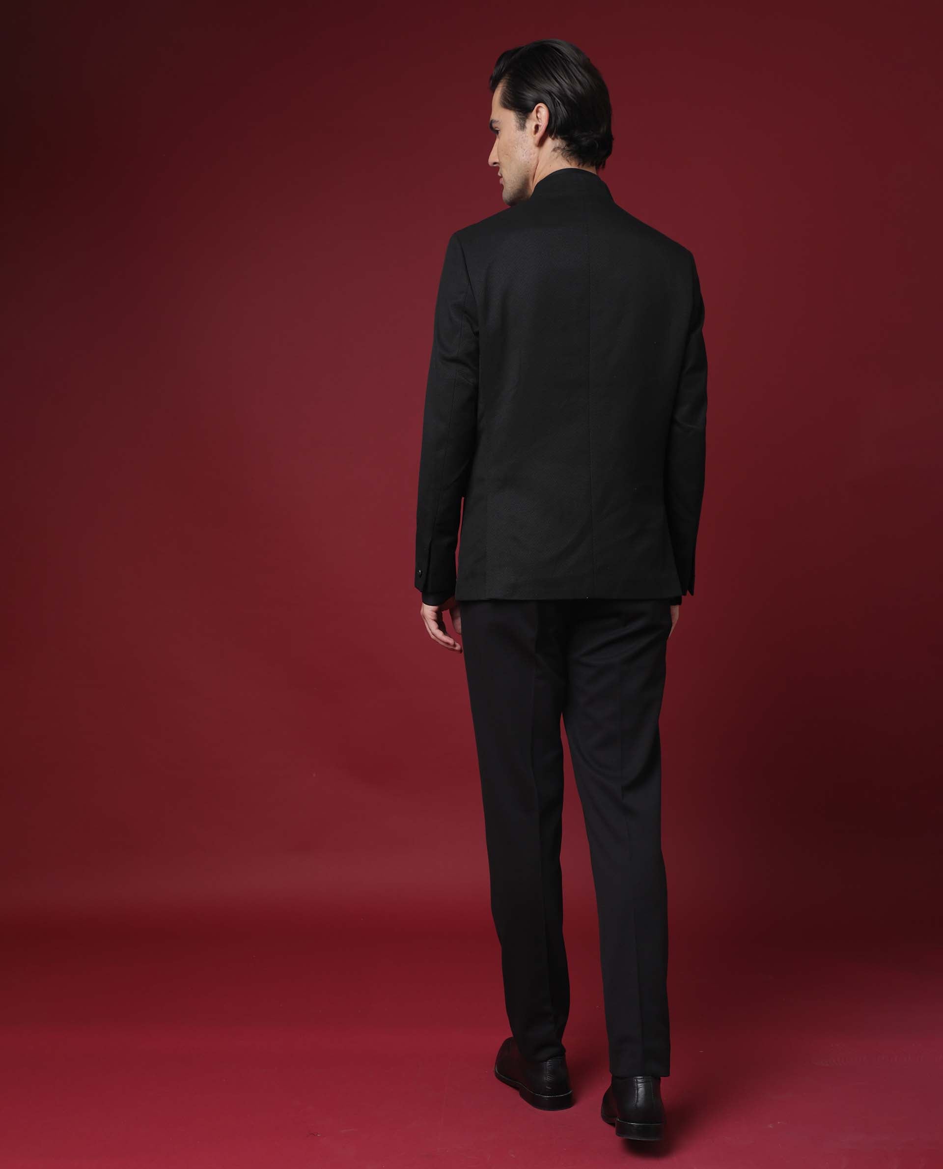 Rare Rabbit Men's Edit Band Black Mandarin Collar Tailored Fit Twill Textured Bandhgala