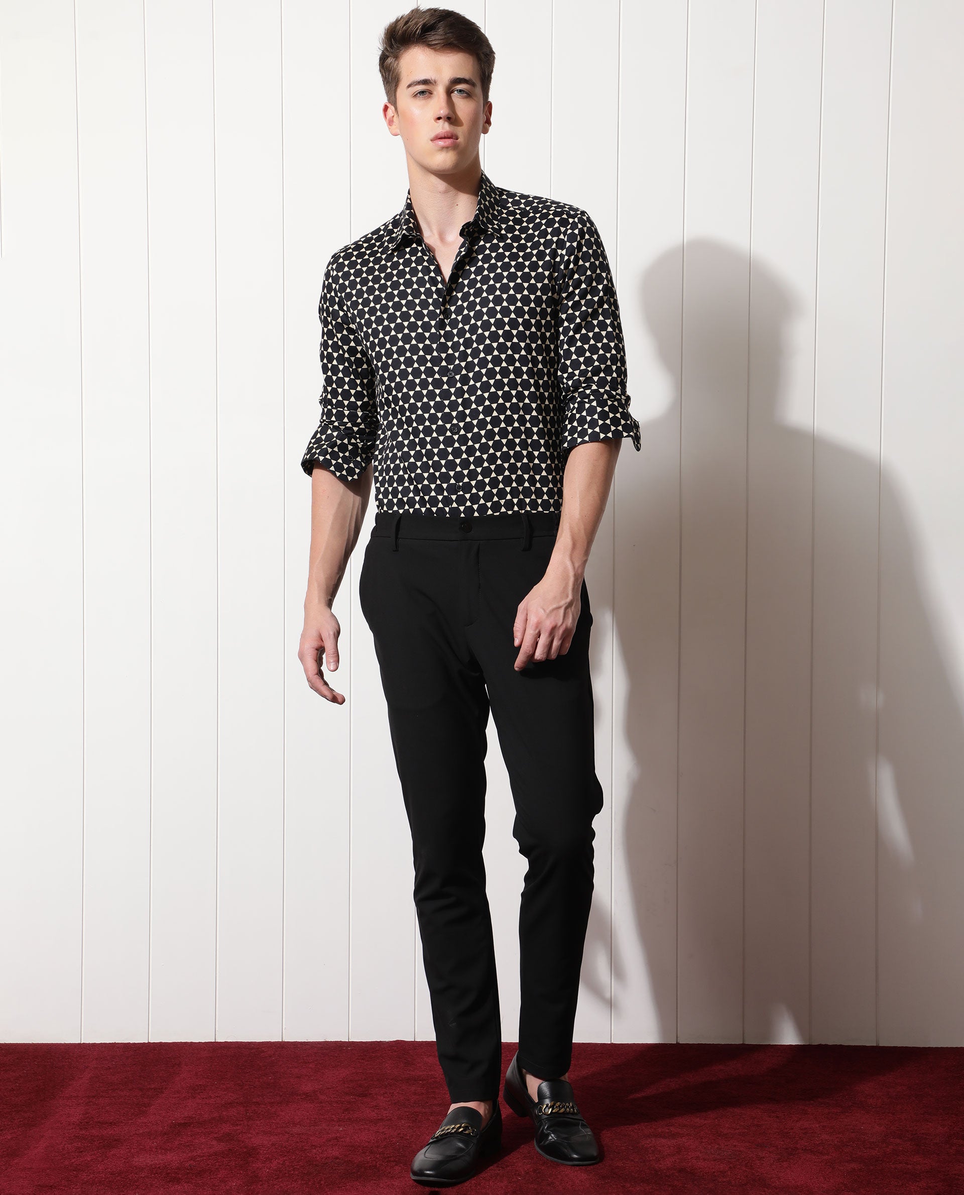 Rare Rabbit Men's Hexa Black Modal Fabric Geometric Print Full Sleeves Shirt