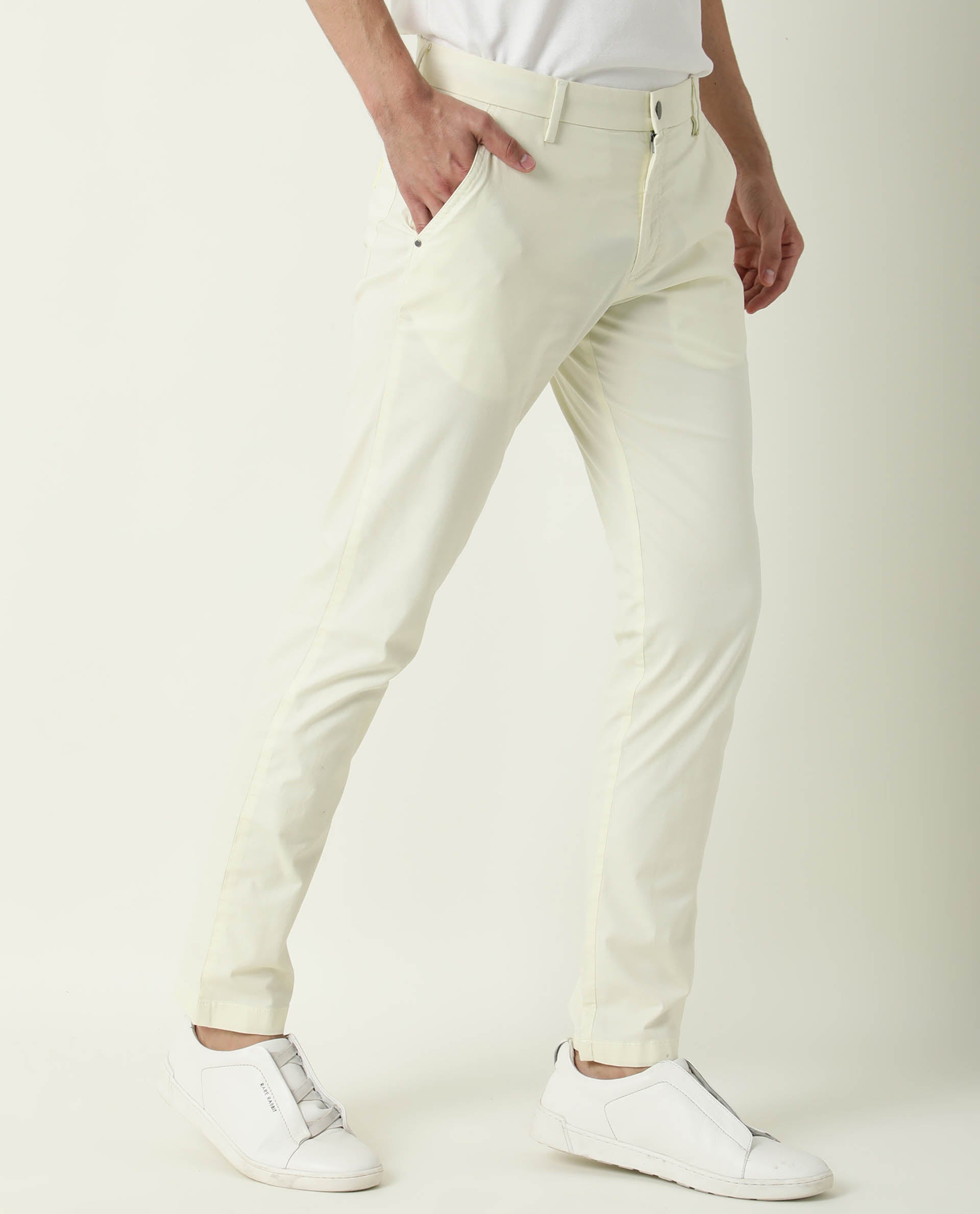 Rare Rabbit Men's Popins Flouroscent Green Solid Mid-Rise Slim Fit Trouser