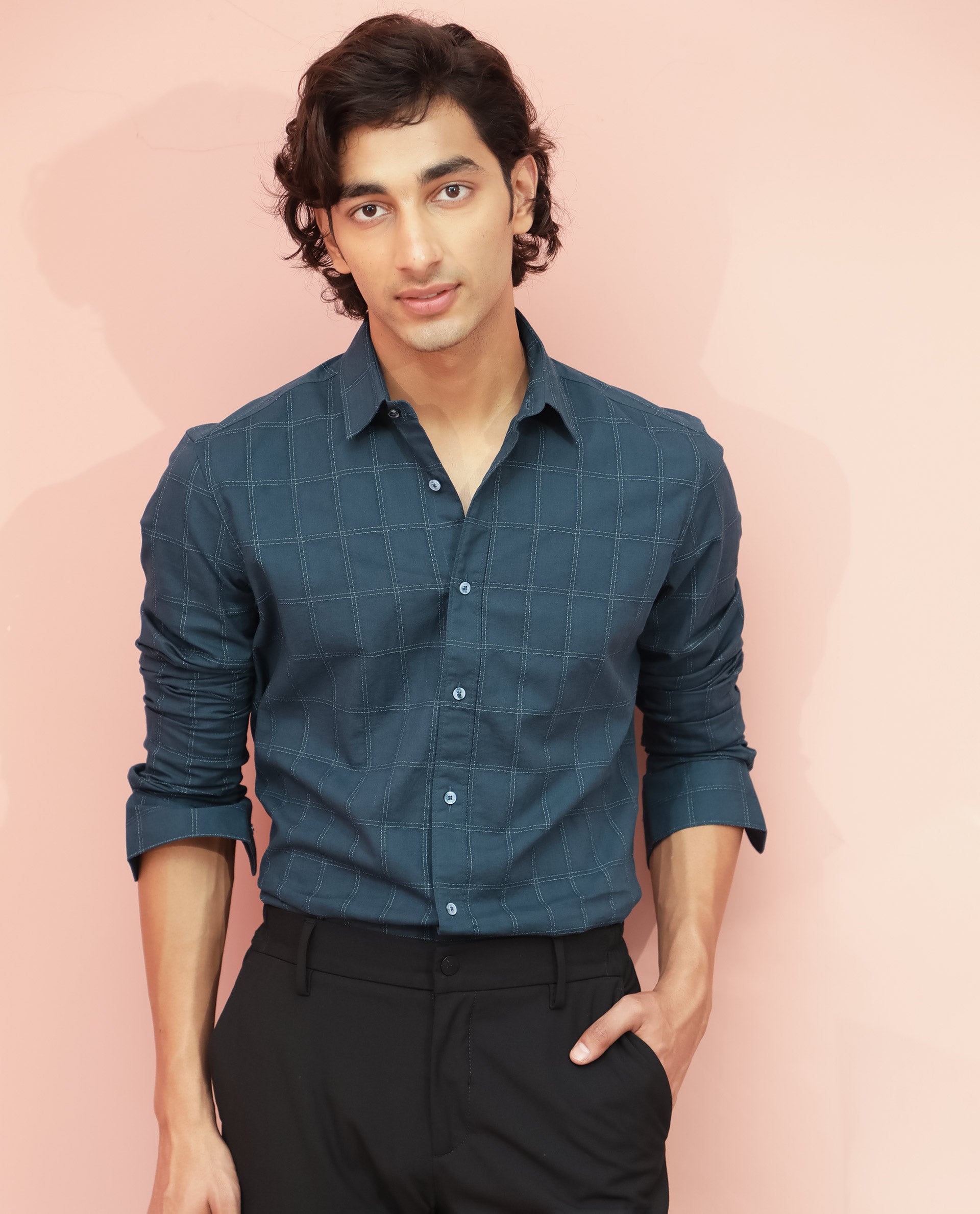 Rare Rabbit Men's Hecker Petrol Cotton Fabric Full Sleeves Dobby Checks Shirt