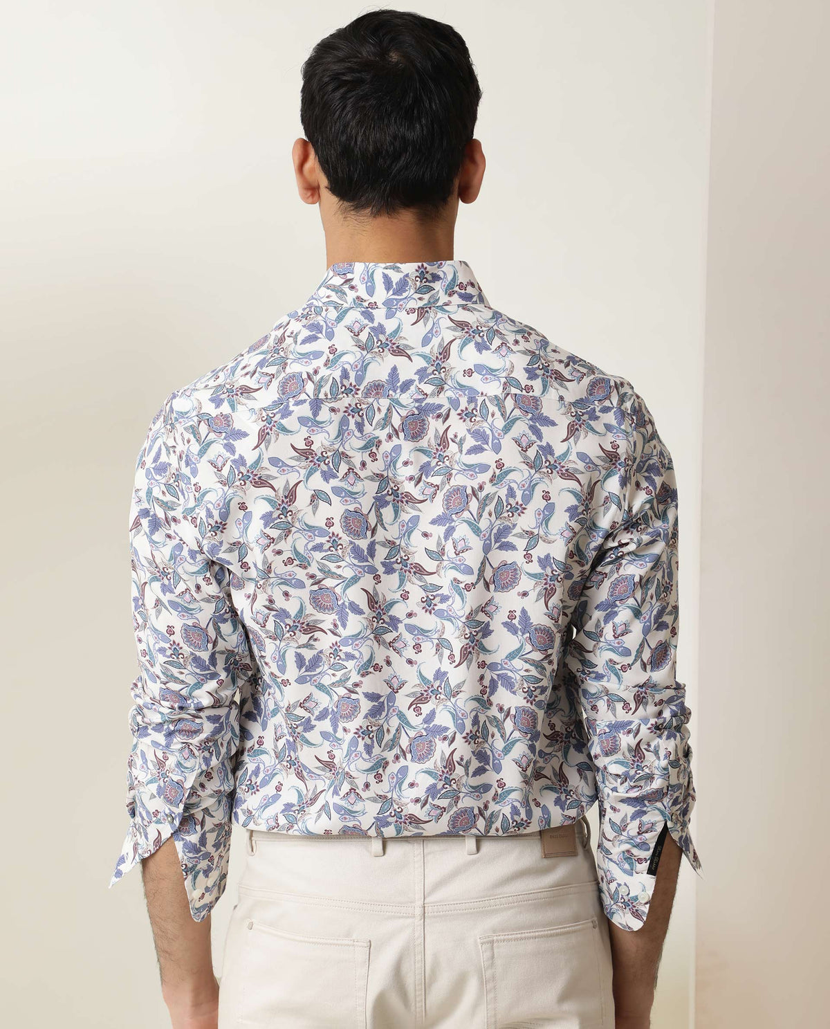 Rare Rabbit Men's Lambos White Viscose Fabric Floral Print Full Sleeves Shirt