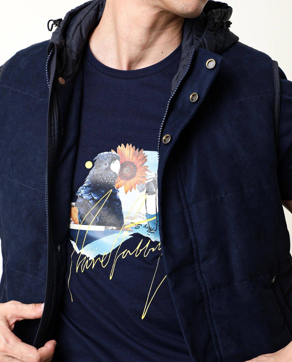 Rare Rabbit Men's Collage Navy Cotton Fabric Crew Neck Half Sleeves Slim Fit Graphic Print T-Shirt