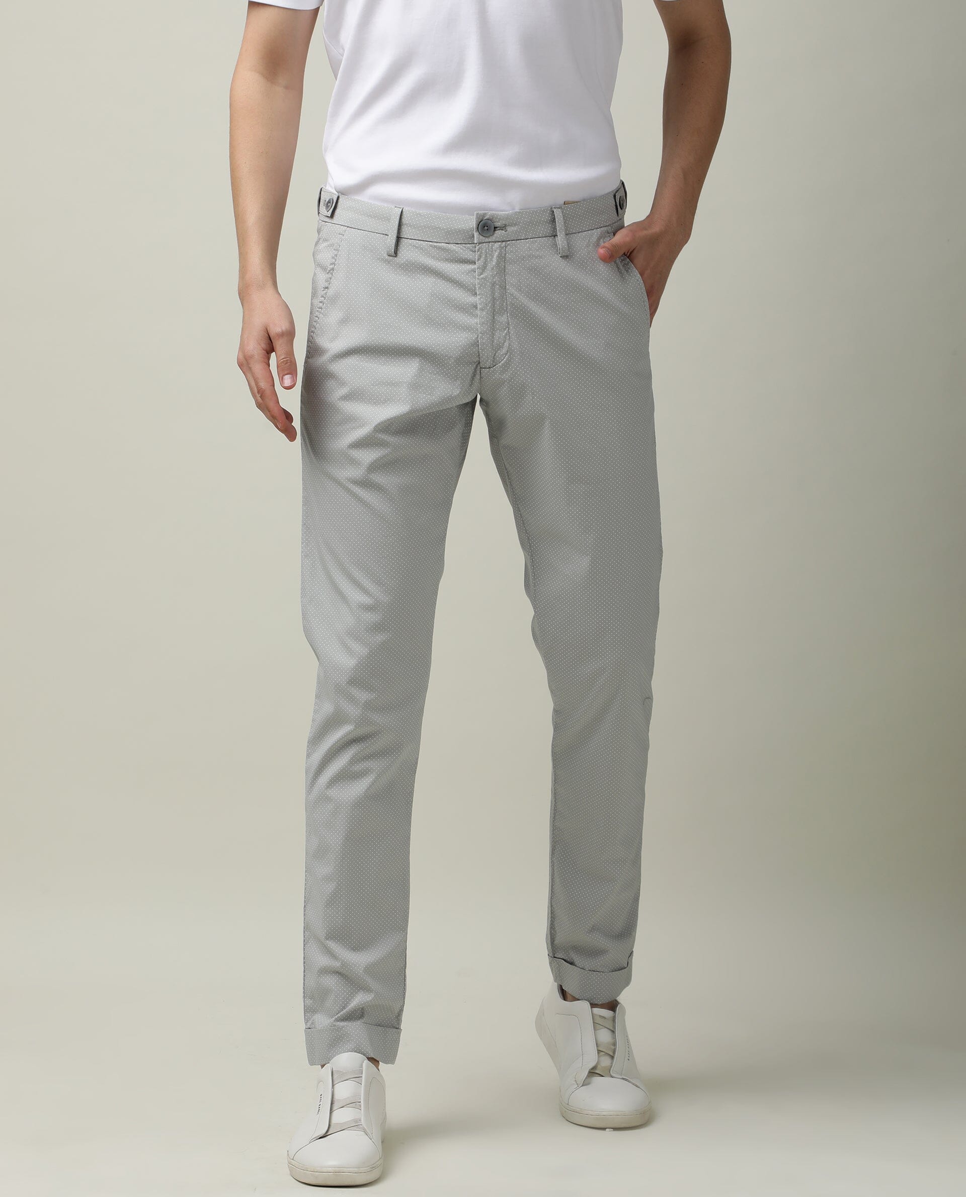 Rare Rabbit Men's Maxims Grey Mid-Rise Slim Fit Polka Dot Trousers