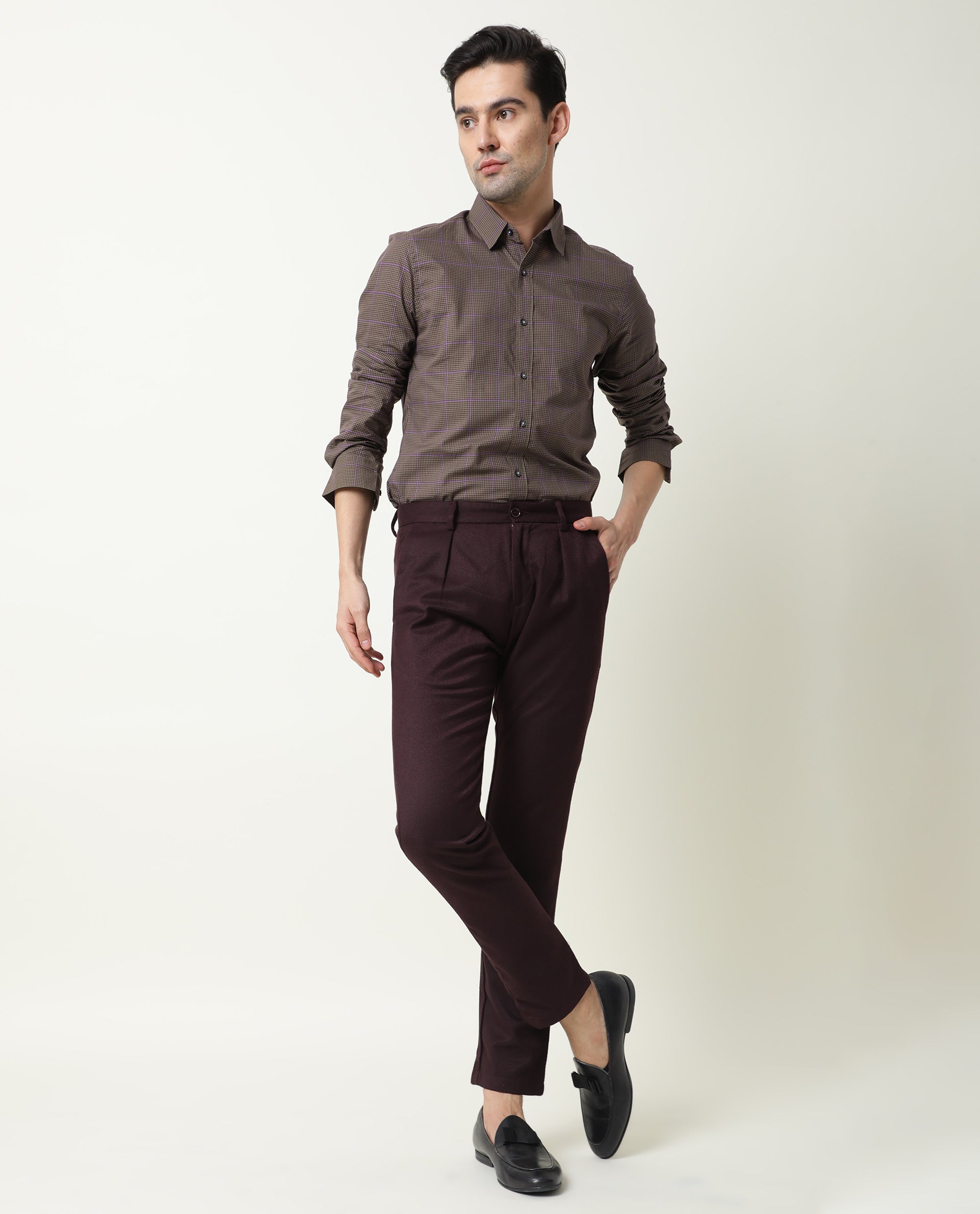 Rare Rabbit Men's Edit Dark Maroon Poly Viscose Fabric Slim Fit Button & Zip Closure Trouser