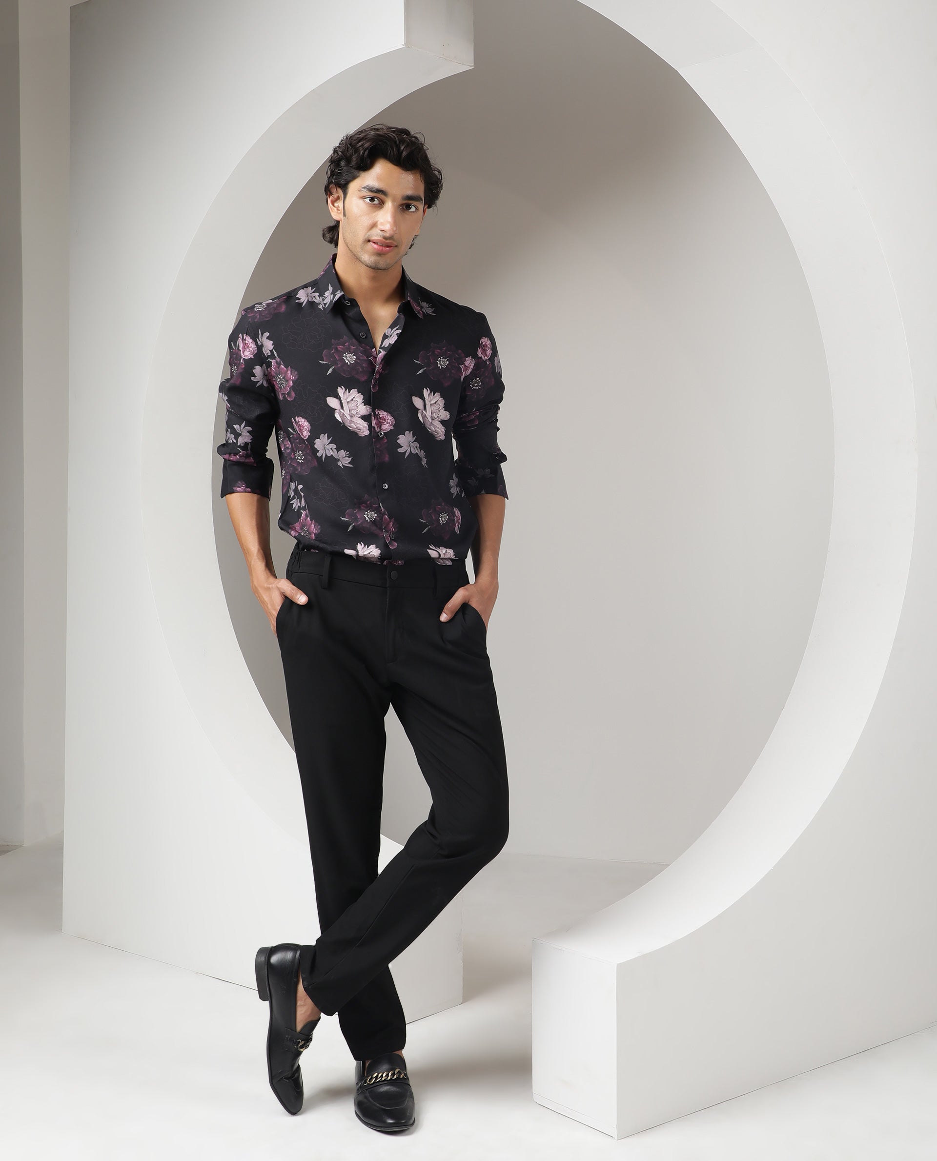 Rare Rabbit Men's Boro Purple Viscose Fabric Floral Print Full Sleeves Shirt