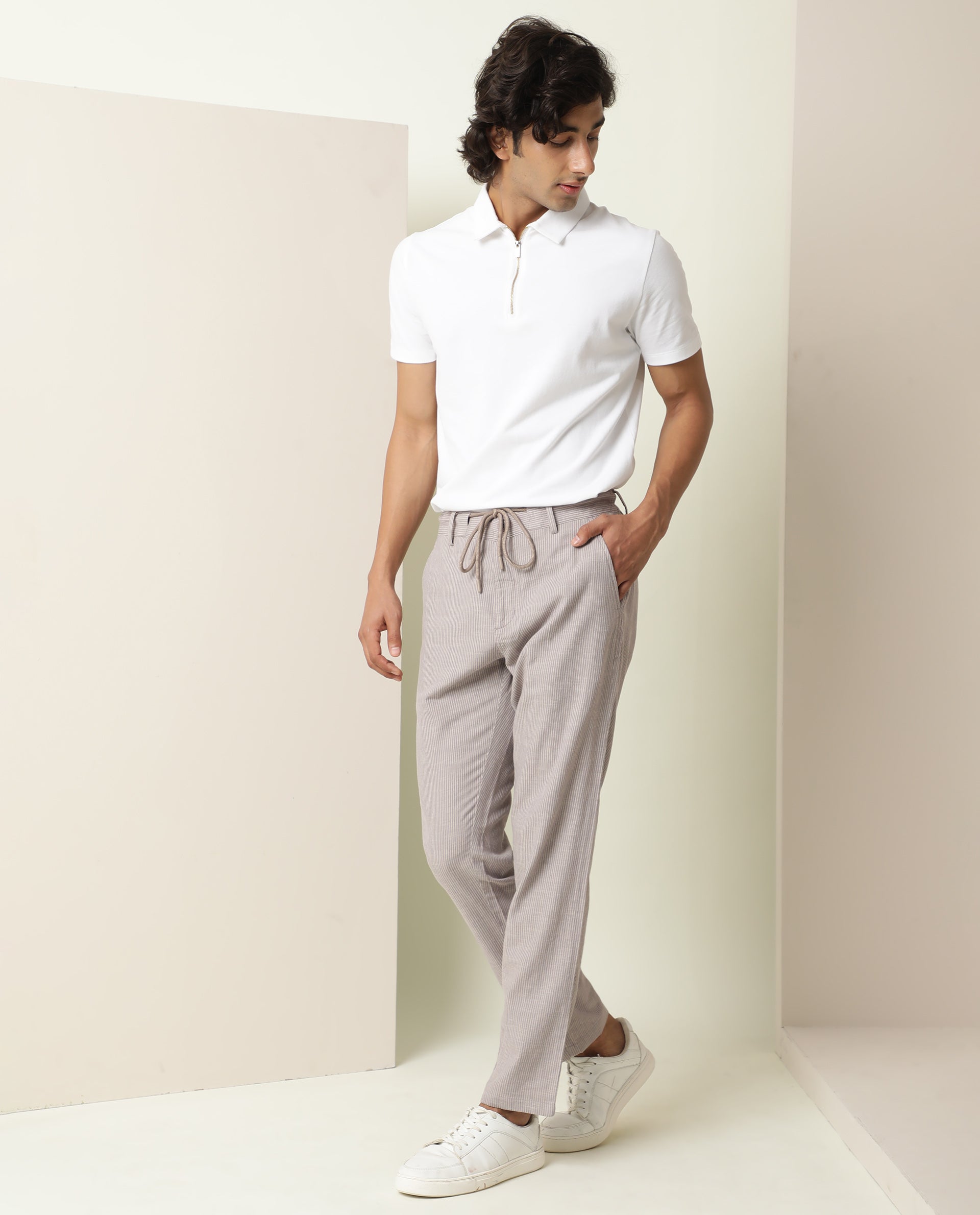 Grey Mid Rise Striped Pants