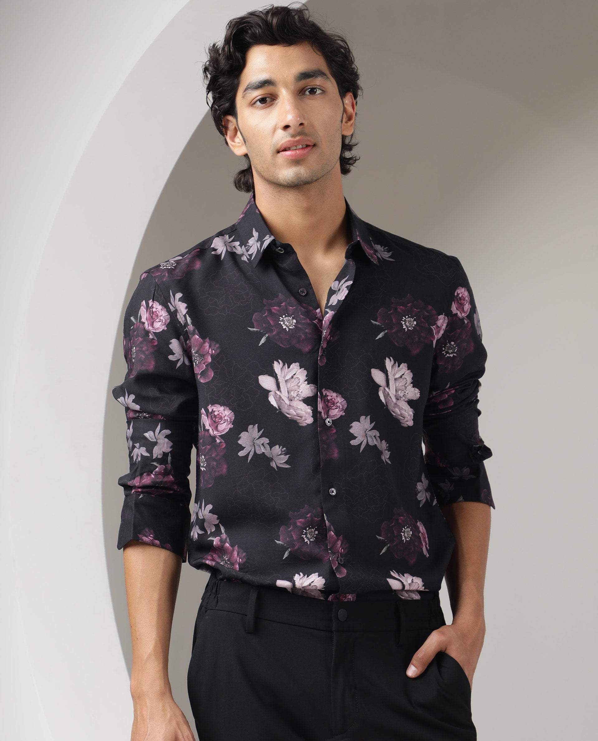 Rare Rabbit Men's Boro Purple Viscose Fabric Floral Print Full Sleeves Shirt