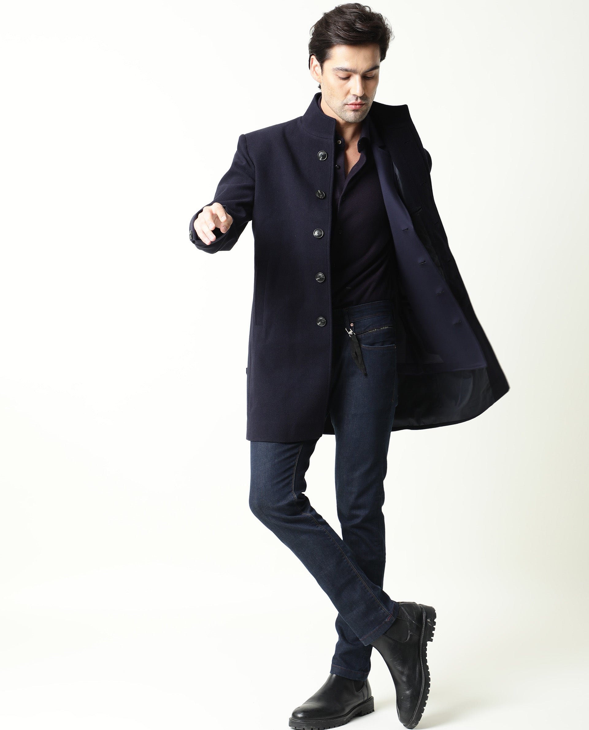 Rare Rabbit Men's Dratt-2  Navy Dark Wash Mid-Rise Slim Fit Jeans