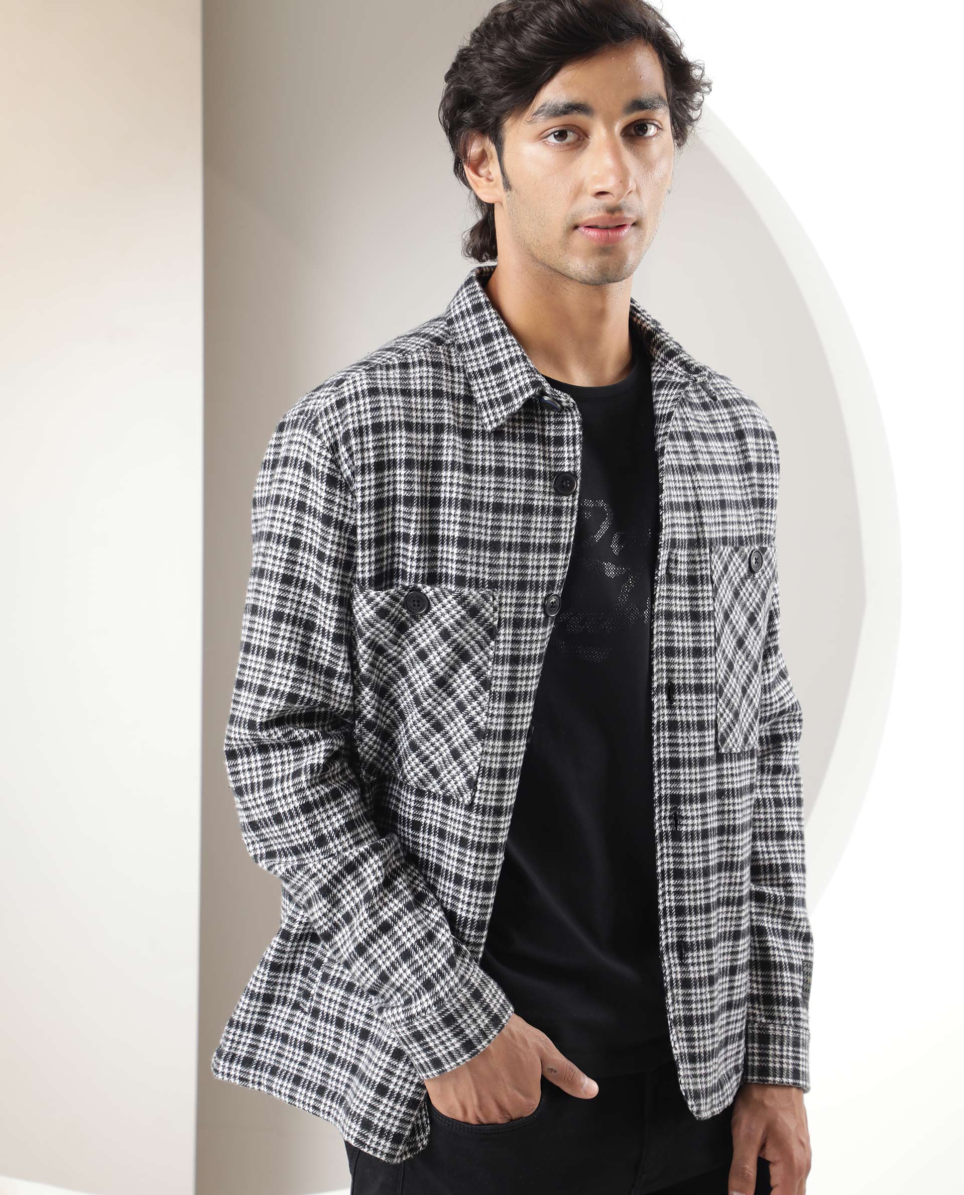 RARE RABBIT MEN'S MAXON BLACK JACKET COTTON FABRIC COLLARED NECK FULL SLEEVES BUTTON CLOSURE