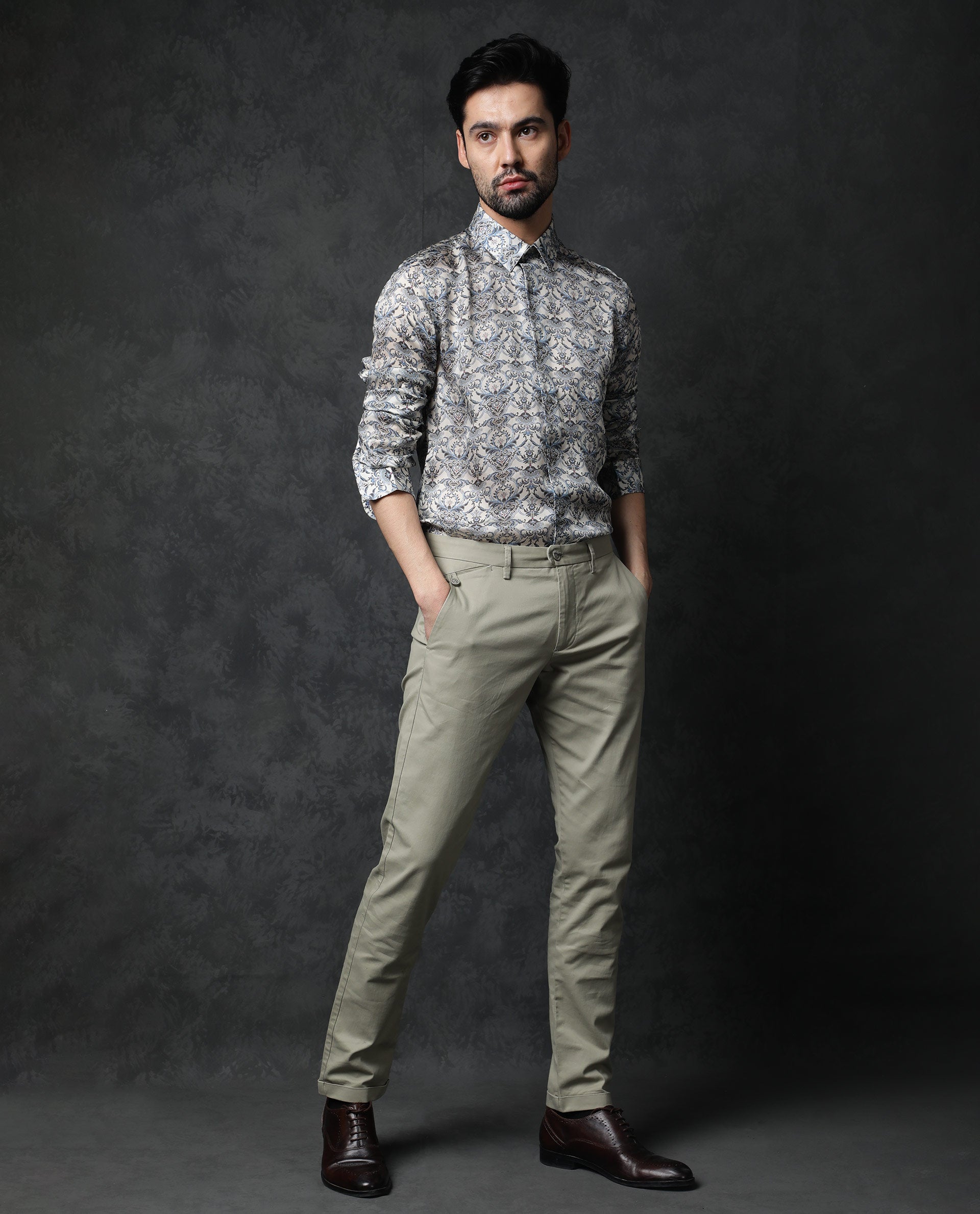 Rare Rabbit Men's Montor Beige Satin Abstract Print Full Sleeves Shirt