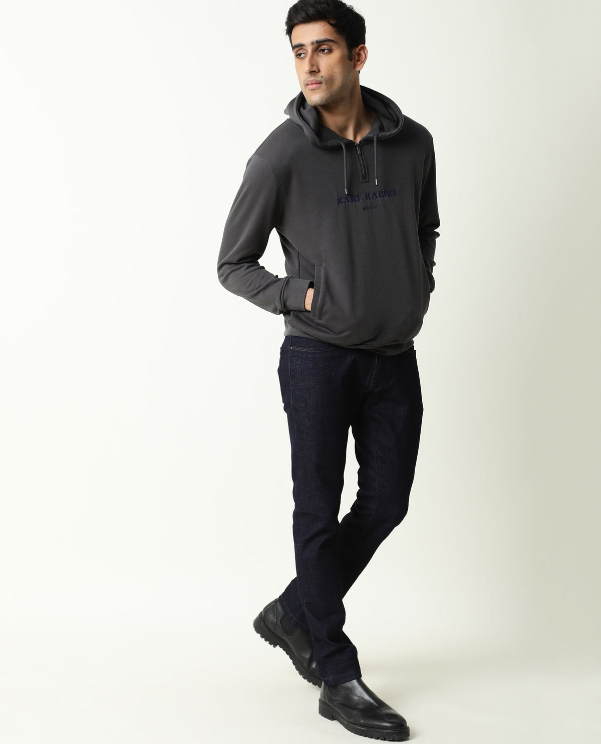 Rare Rabbit Men'S Emit Grey Sweatshirt Cotton Polyester Fabric Hooded Neck Full Sleeves Zipper Closure Slim Fit
