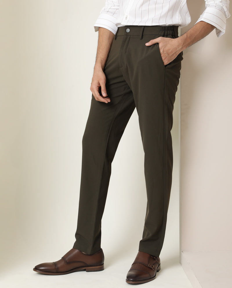 Rare Rabbit Men's Traverse Olive Solid Mid-Rise Regular Fit Stretch Trouser