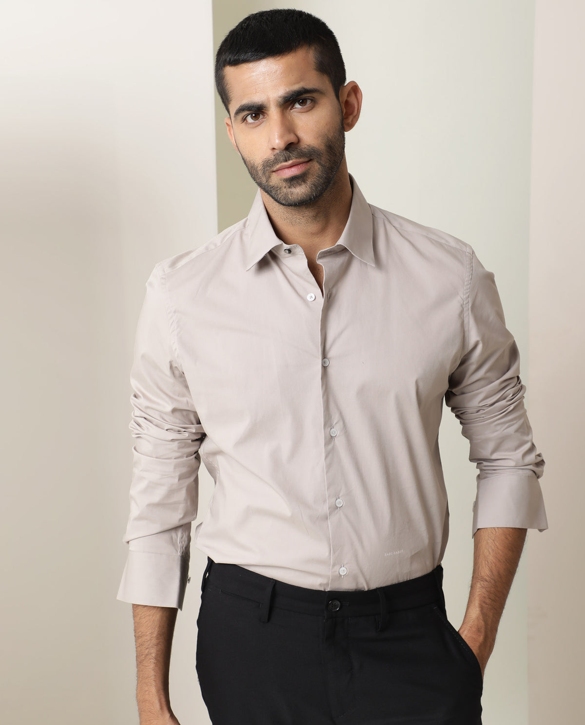 Rare Rabbit Men's Neutons Beige Cotton Lycra Fabric Full Sleeves Solid Shirt