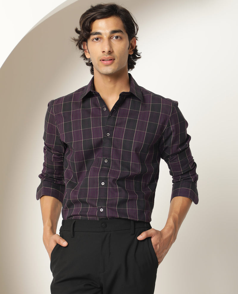 Rare Rabbit Mens Lancelot Purple Cotton Fabric Full Sleeves Dupplin Check Shirt