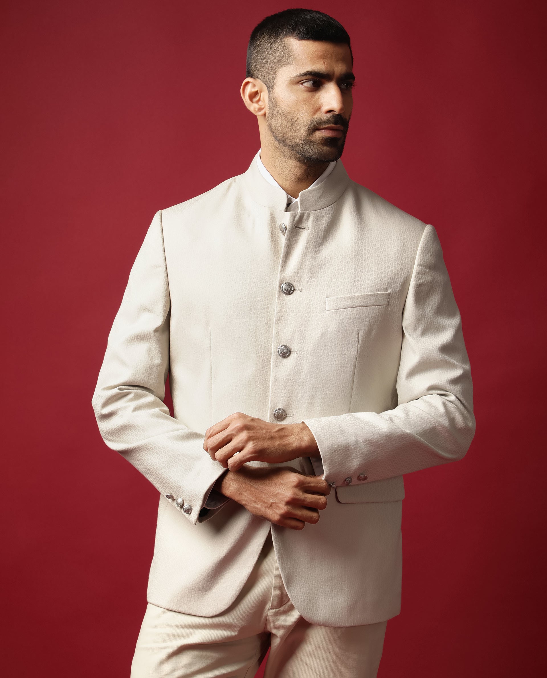 Shop now Indian designer Beige Cotton Bandhgala suit for men online –  GAURAV KATTA