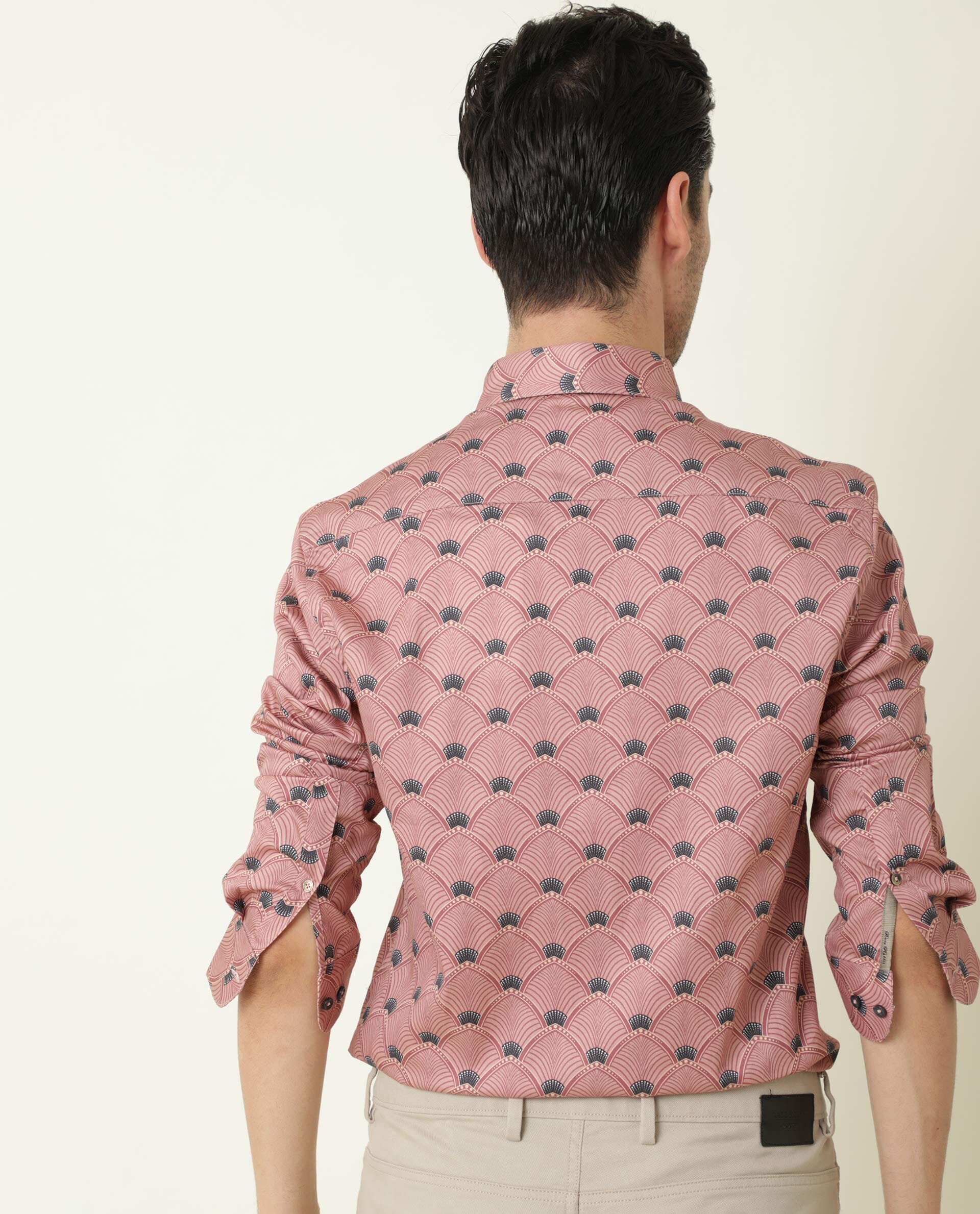 Rare Rabbit Men's Bowy Pink Cotton Fabric Geometric Print Full Sleeves Shirt