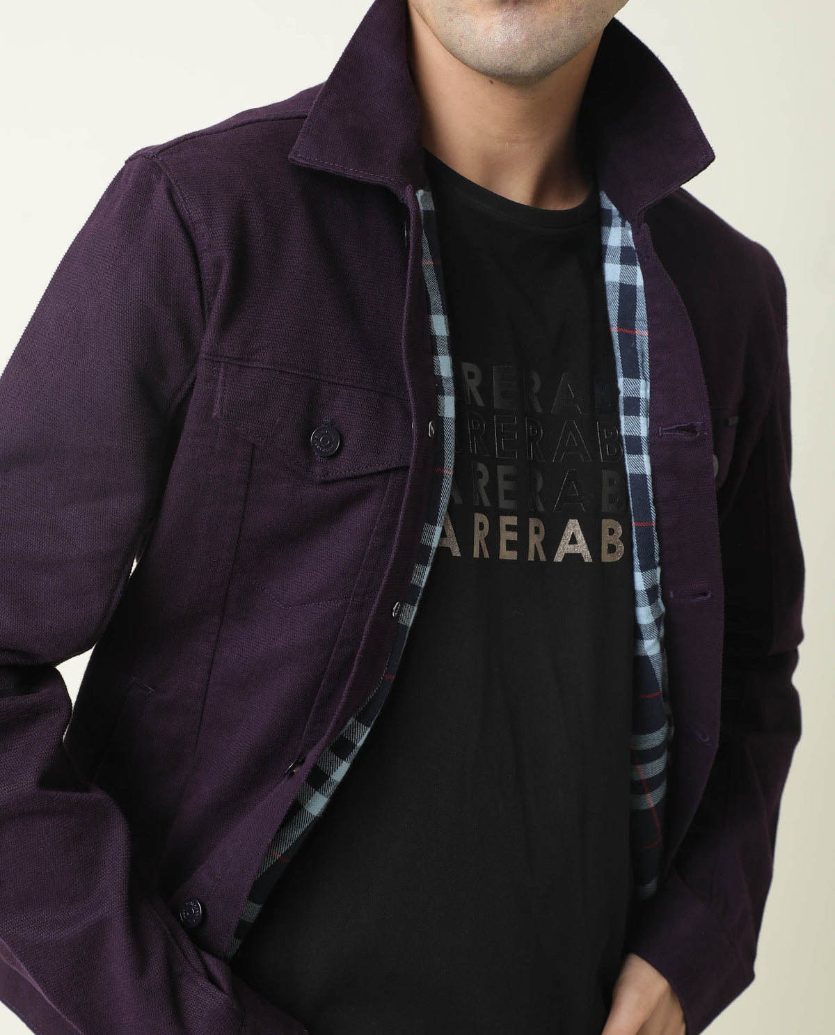 RARE RABBIT MEN'S VINTAGE PURPLE JACKET COTTON FABRIC COLLARED NECK FULL SLEEVES BUTTON CLOSURE SLIM FIT