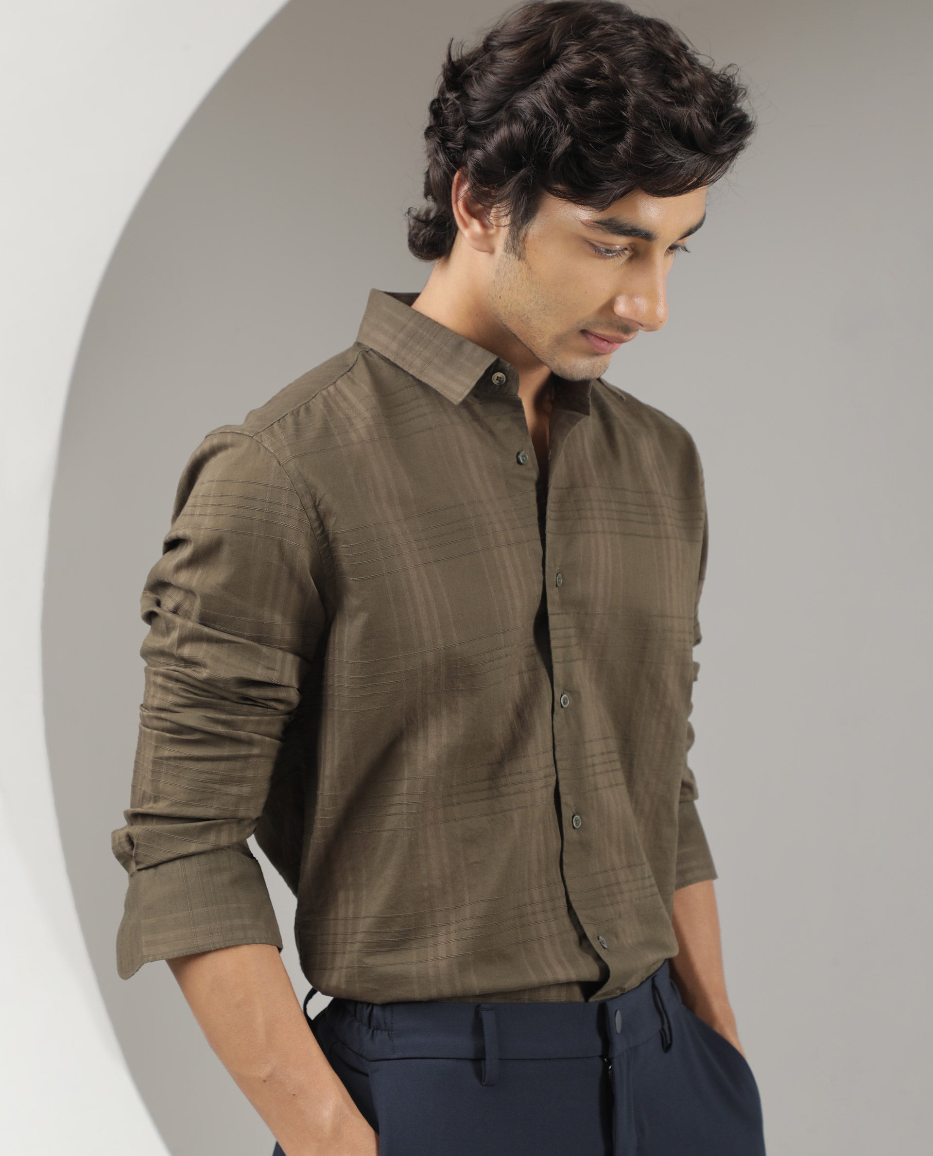 Rare Rabbit Men's Nest Olive Cotton Fabric Full Sleeves Dobby Checks Shirt