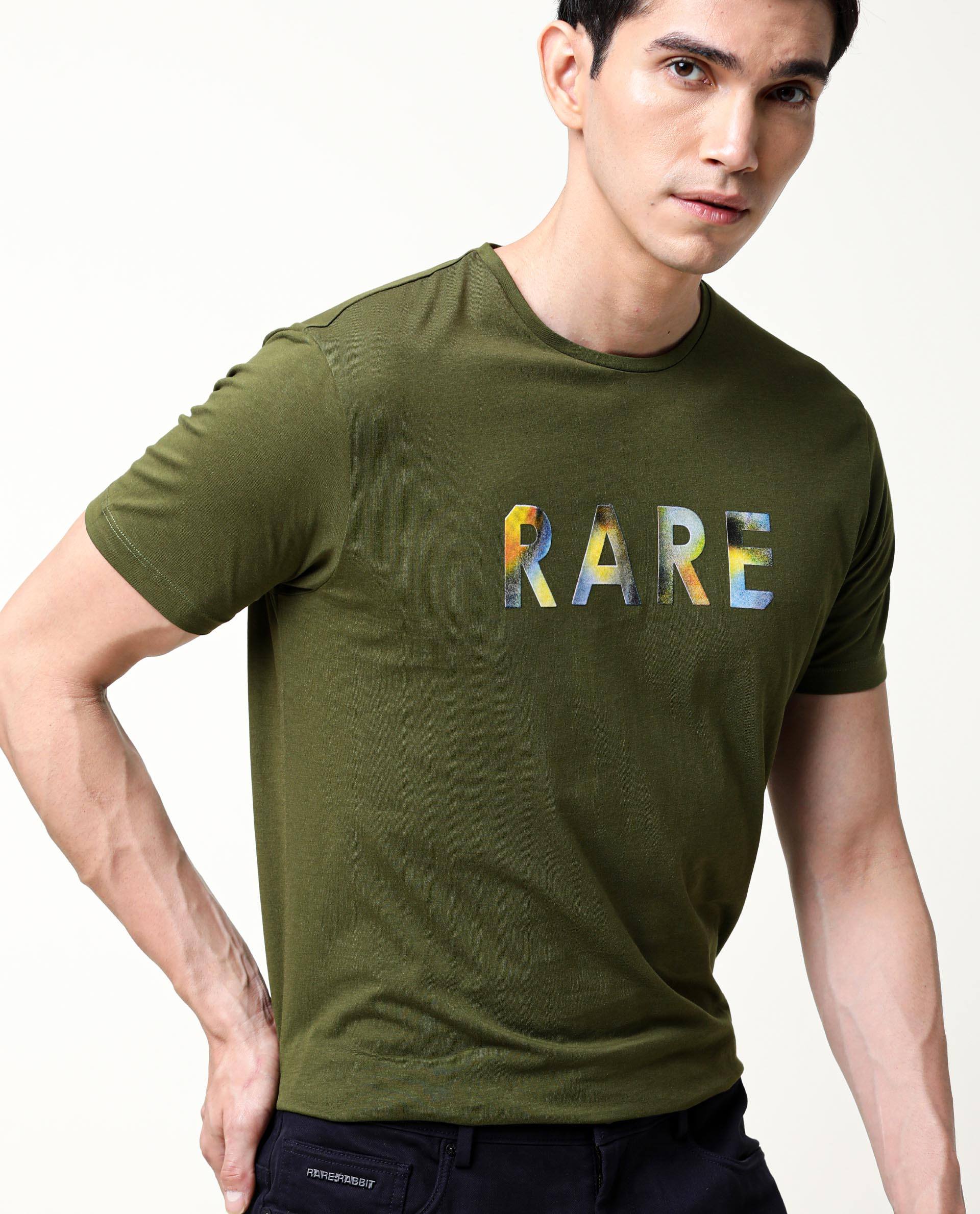 Rare Rabbit Men's Gavin Green Crew Neck HD Graphic Print Branded Half Sleeves T-Shirt