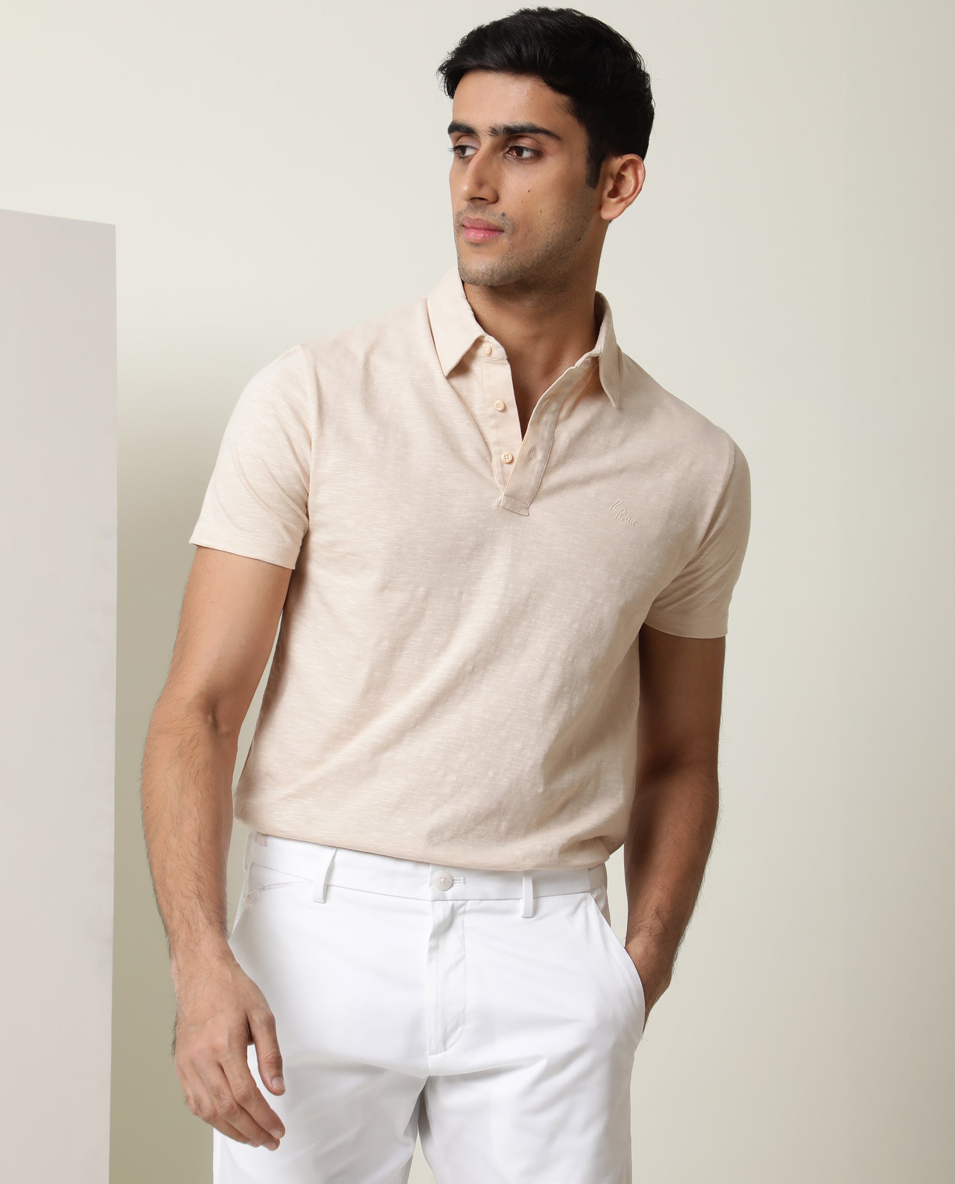 Rare Rabbit Men's Trent Beige Cotton Fabric Collared Neck Half Sleeves Textured Polo T-Shirt