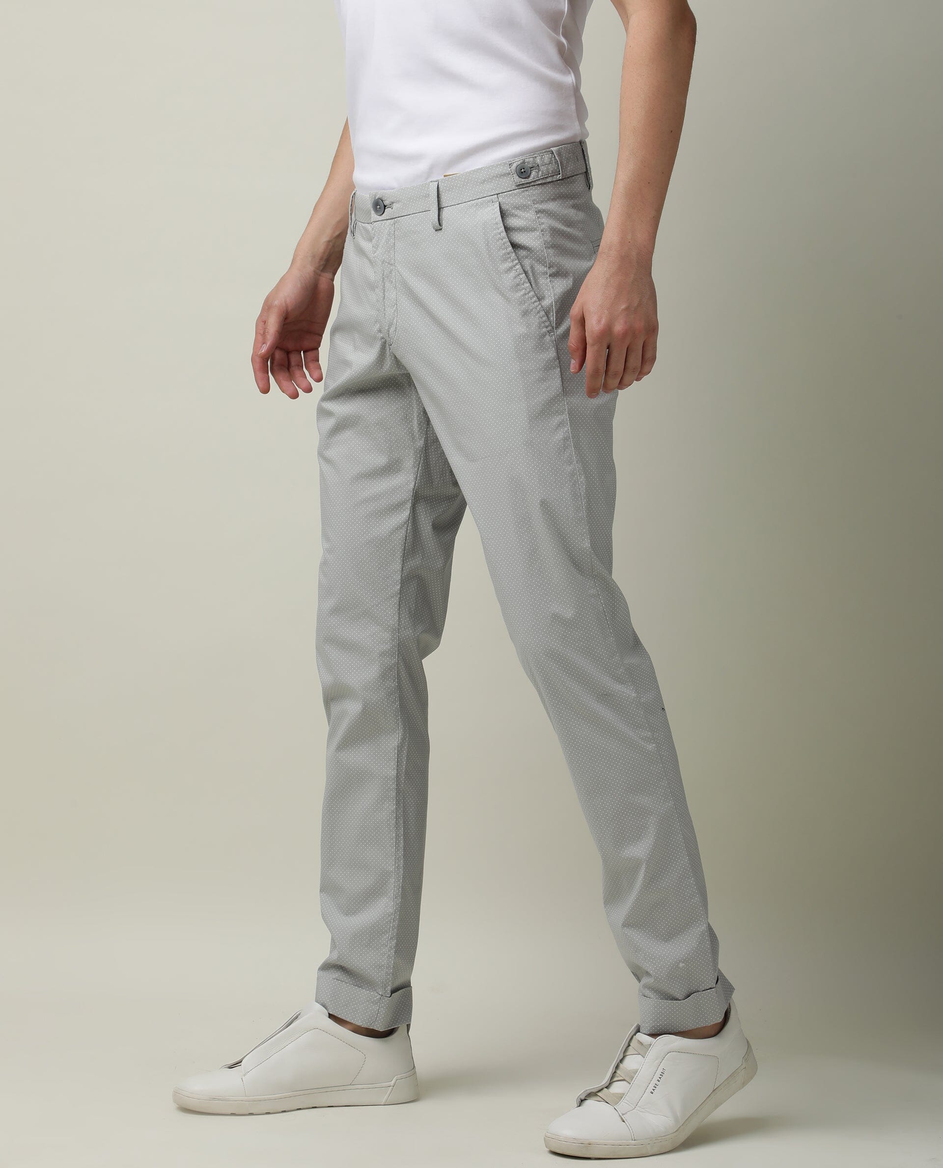 Rare Rabbit Men's Maxims Grey Mid-Rise Slim Fit Polka Dot Trousers