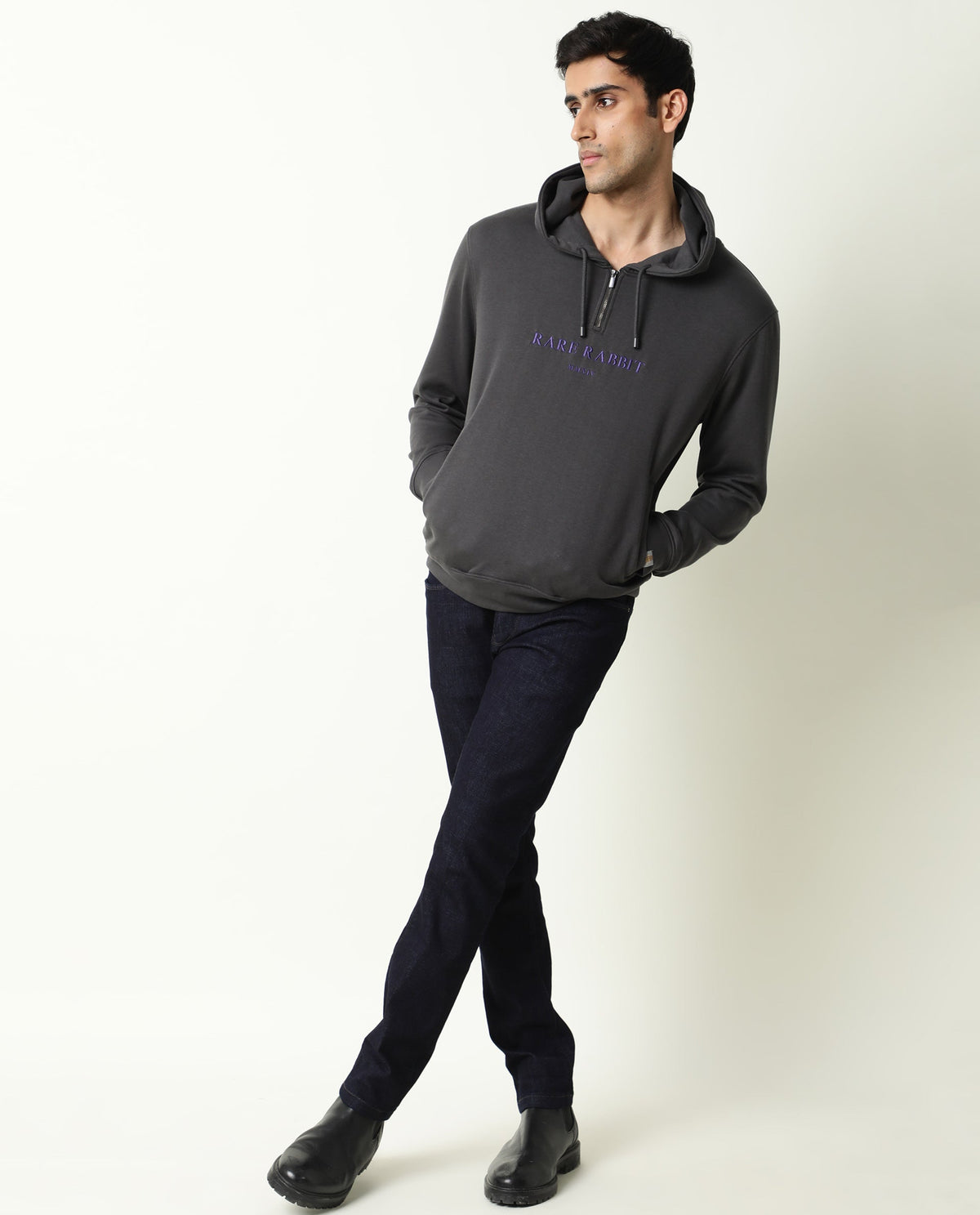 Rare Rabbit Men'S Emit Grey Sweatshirt Cotton Polyester Fabric Hooded Neck Full Sleeves Zipper Closure Slim Fit