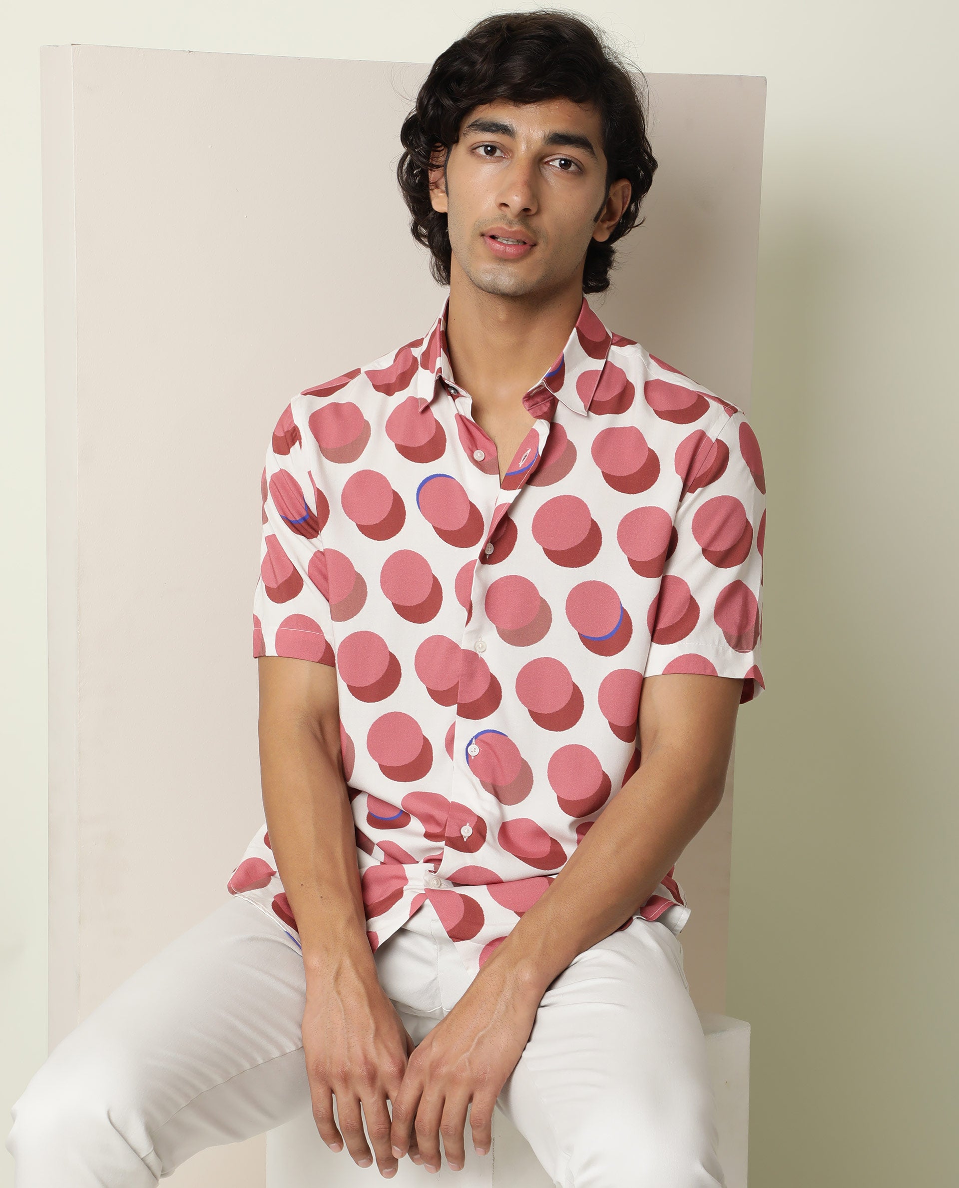 Rare Rabbit Men's Sandet Off White Viscose Fabric Geometric Print Half Sleeves Shirt