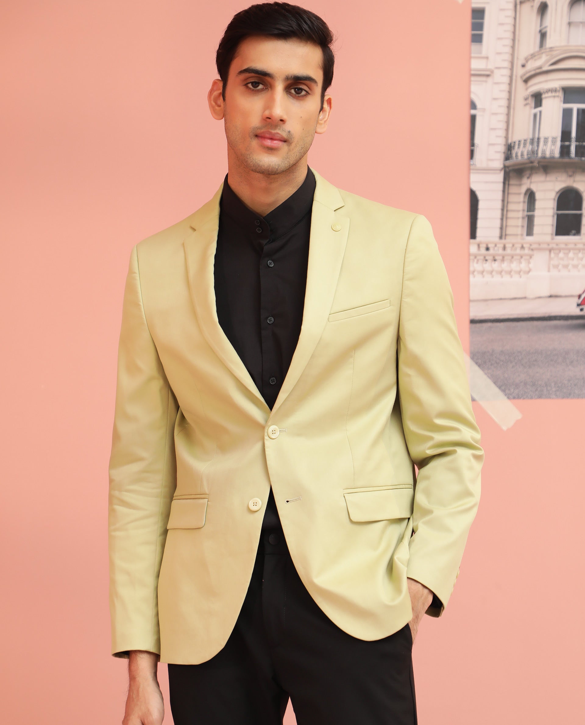 Rare Rabbit Men's Berzu Green Polyester Viscose Fabric Notch Lapel Single Breasted Tailored Fit Solid Blazer