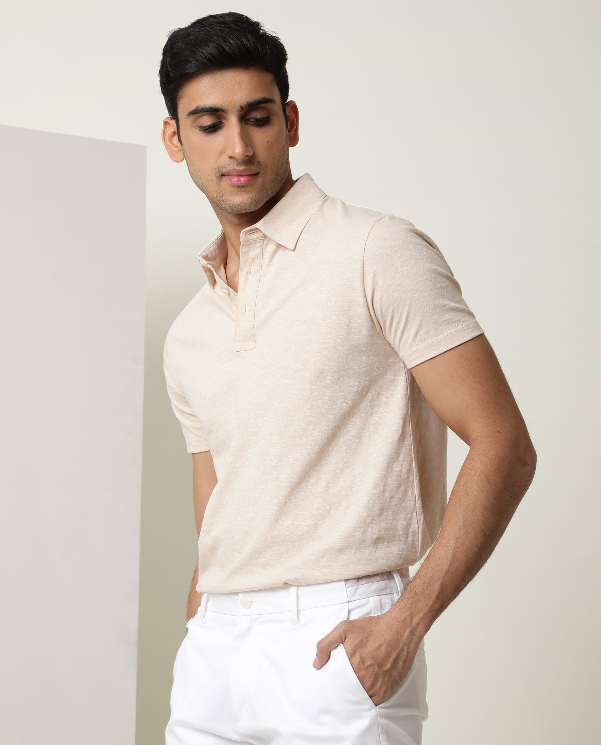 Rare Rabbit Men's Trent Beige Cotton Fabric Collared Neck Half Sleeves Textured Polo T-Shirt