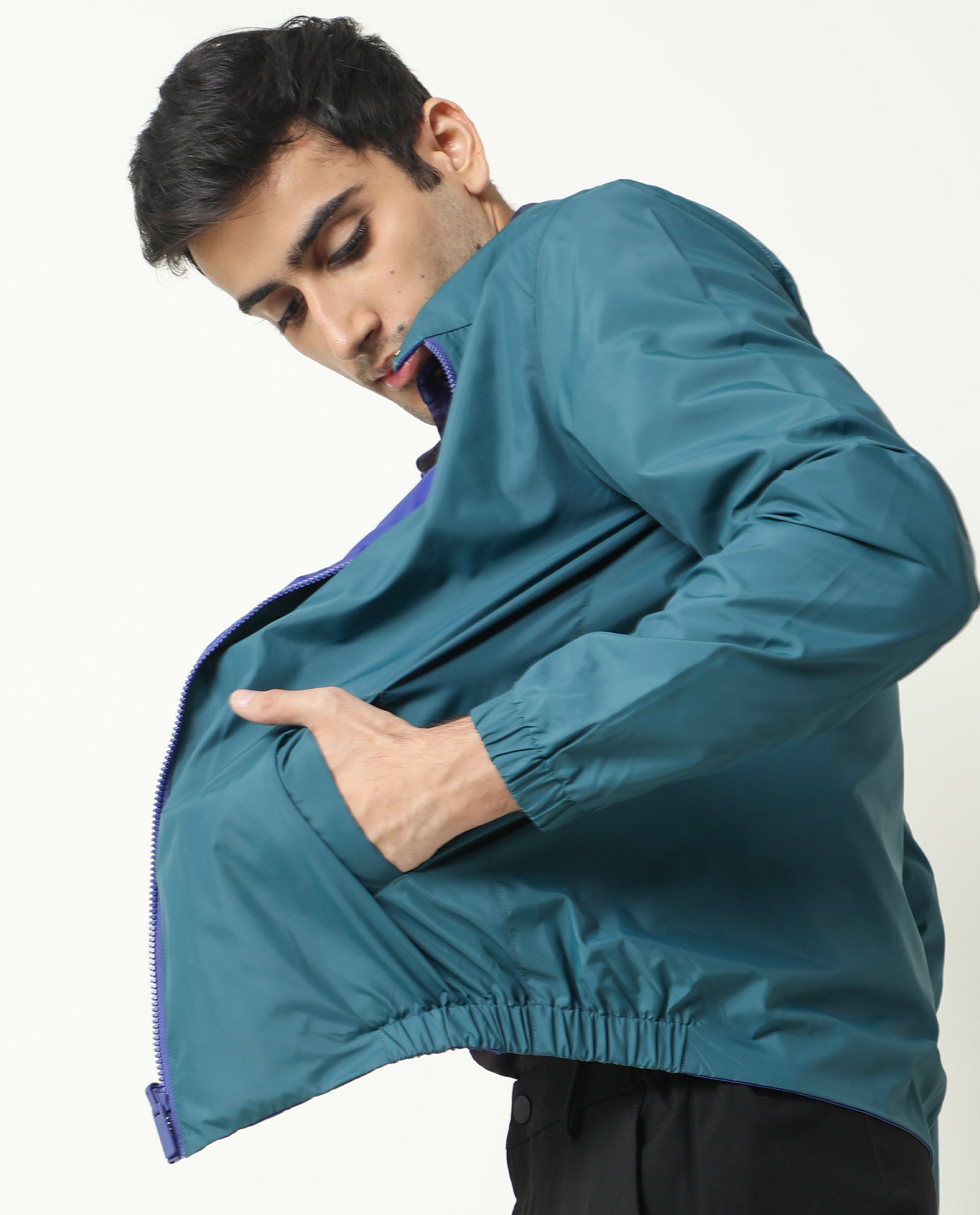 Rare Rabbit Men's Adol Petrol Plain Lightweight Band Collar Reversible Jacket