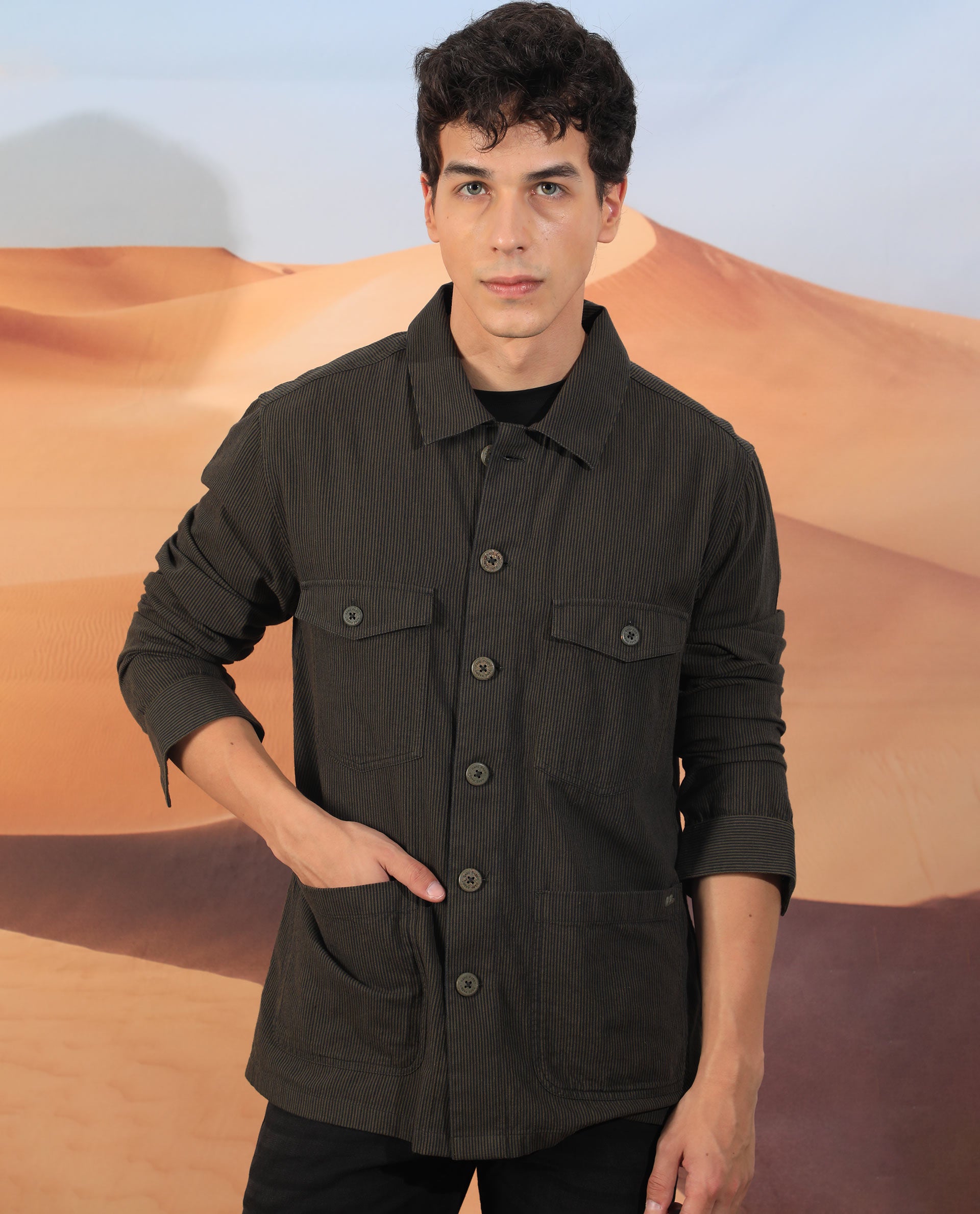 Rare Rabbit Men'S Trexon Olive Jacket Cotton Linen Fabric Mandarin Collar Full Sleeves Button Closure