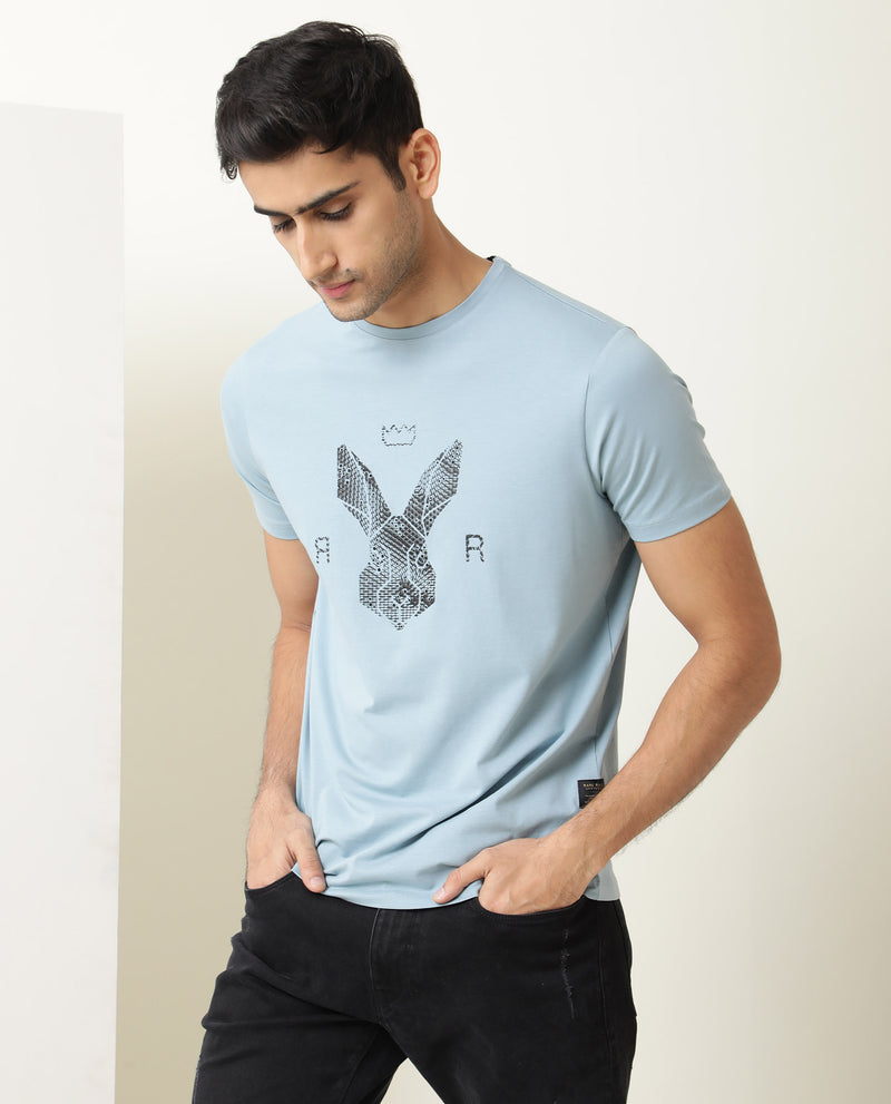 Rare Rabbit Men's Stud Blue Cotton Fabric Crew Neck Half Sleeves Regular Fit Graphic Printed Logo T-Shirt