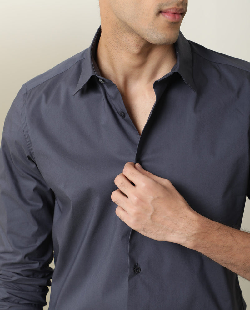 Rare Rabbit Mens Benedict Dark Grey Cotton Stretch Drop Collar Full Sleeve Solid Shirt