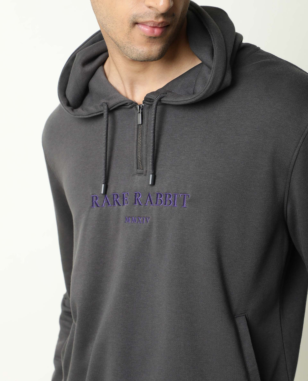 Rare Rabbit Men'S Emit Grey Sweatshirt Cotton Polyester Fabric Hooded Neck Full Sleeves Zipper Closure Slim Fit