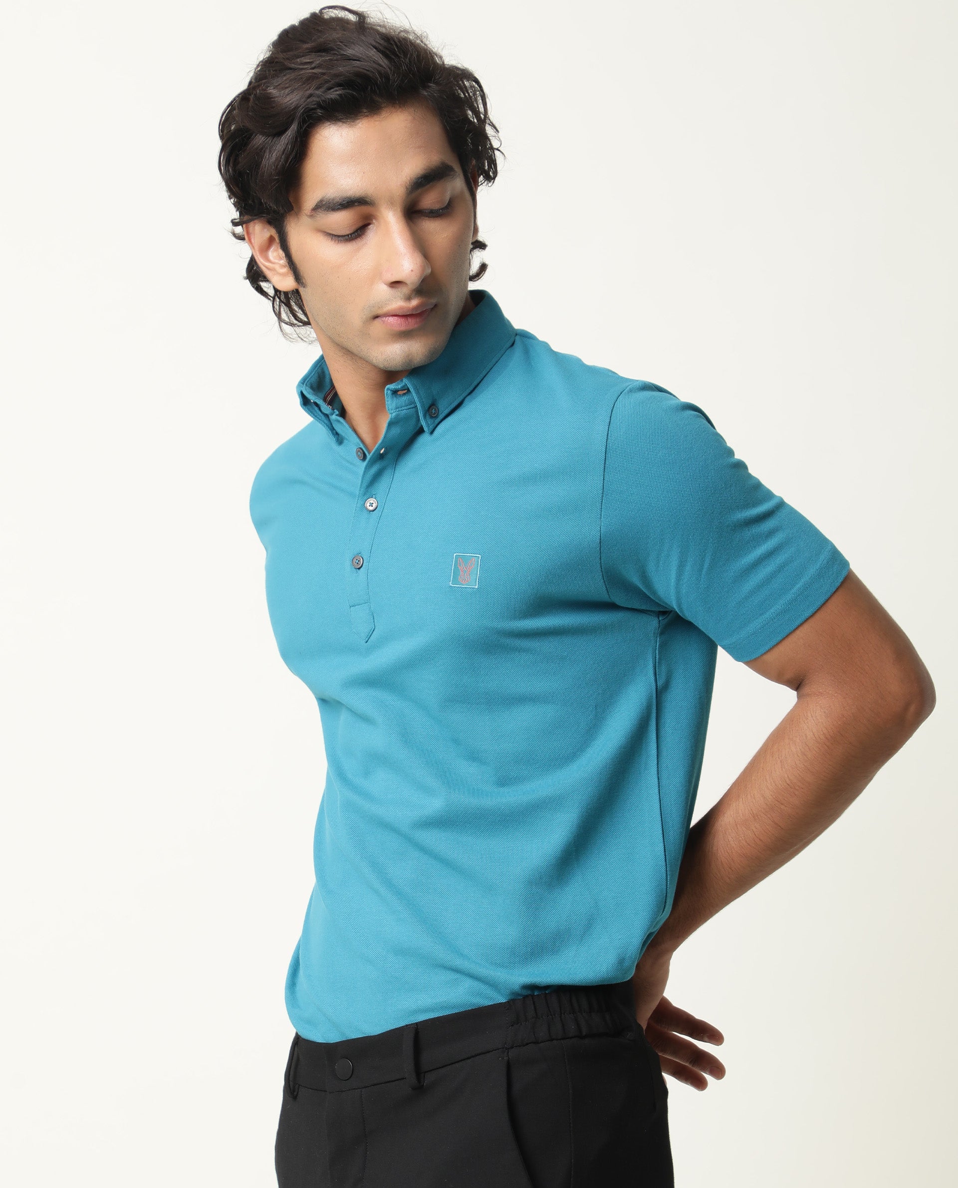Rare Rabbit Men's Cassini-2 Blue Cotton Fabric Collared Neck Half Sleeves Polo T-Shirt
