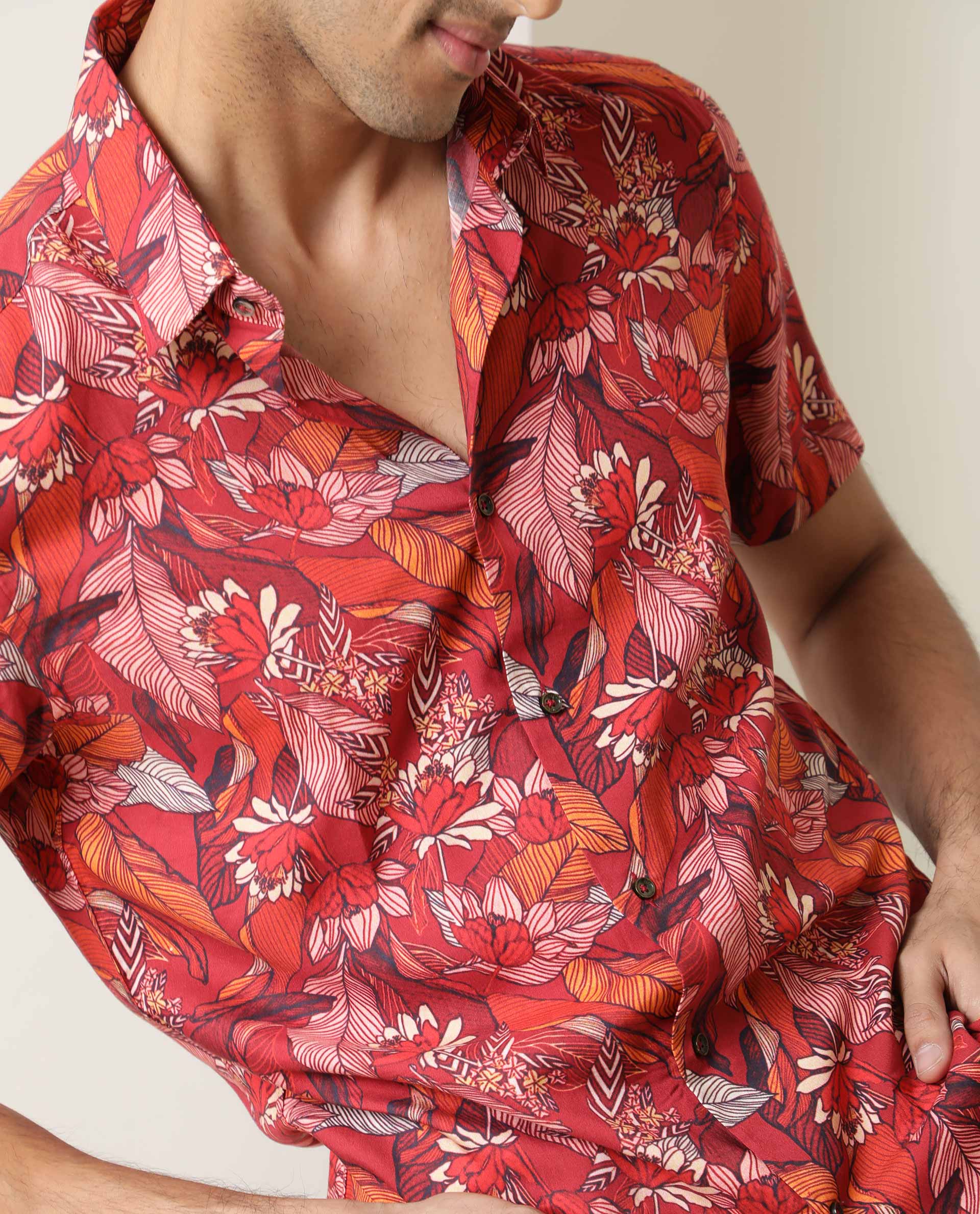 Rare Rabbit Men's Sinn Dark Red Viscose Fabric Floral Print Half Sleeves Shirt