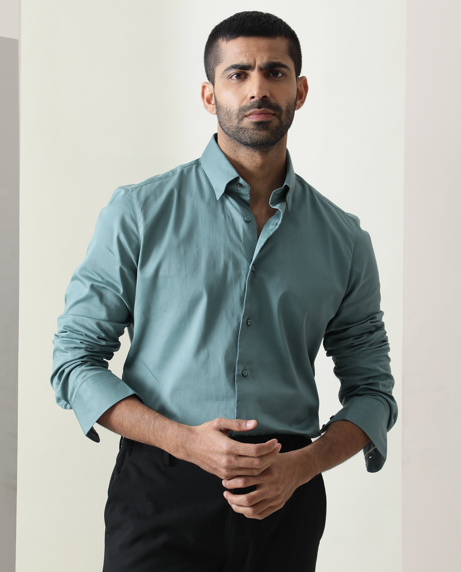 Rare Rabbit Men's Como Green Satin Plain Regular Fit Full Sleeve Collared Shirt