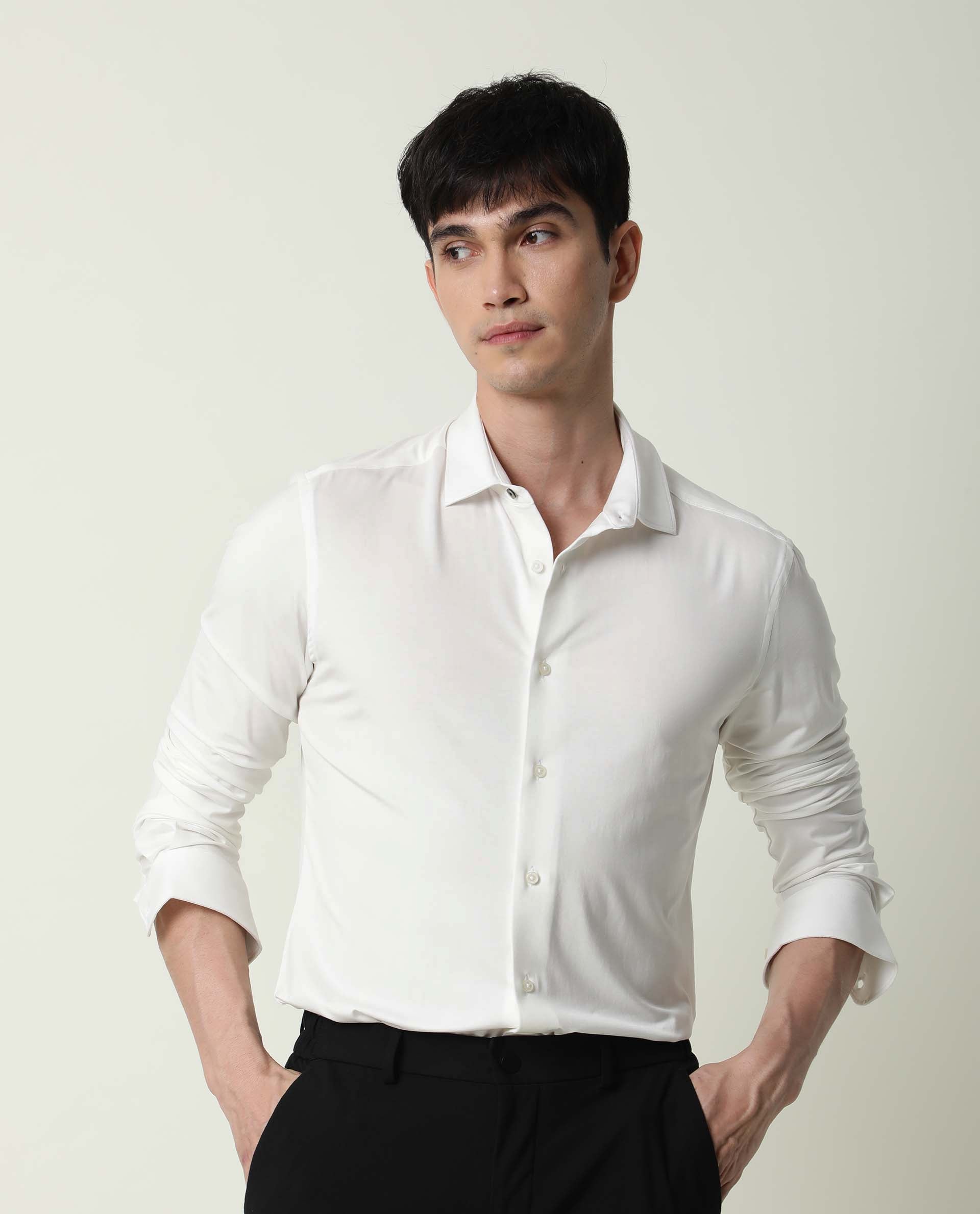 Rare Rabbit Men's Zac White Rayon Fabric Full Sleeves Solid Shirt