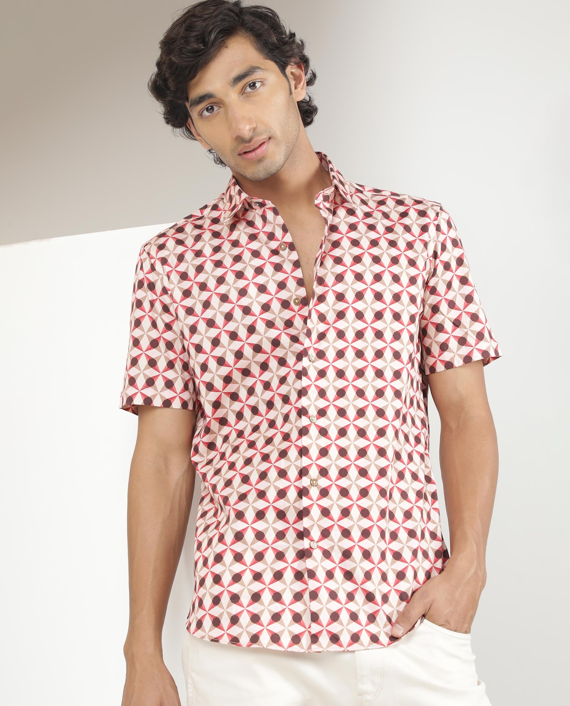 Rare Rabbit Men's Stanet Pink Cotton Fabric Half Sleeves Geometric Print Shirt