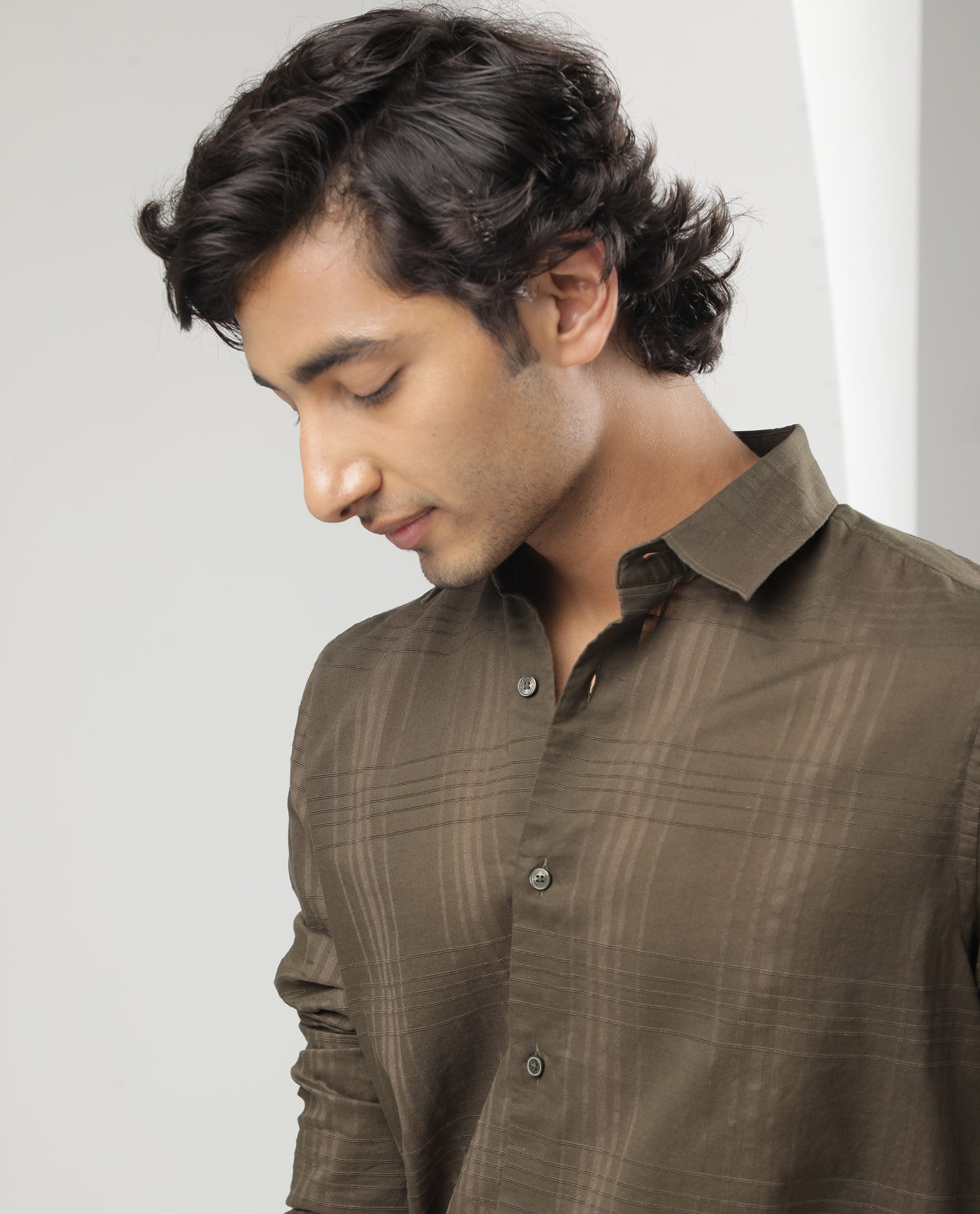 Rare Rabbit Men's Nest Olive Cotton Fabric Full Sleeves Dobby Checks Shirt