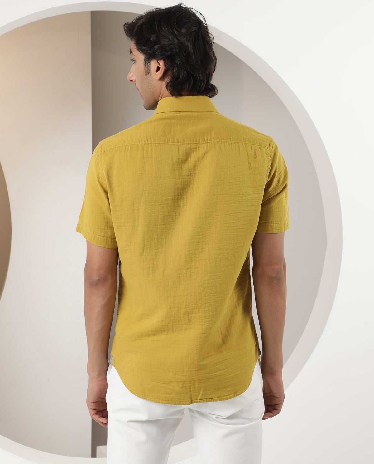 Rare Rabbit Men's Lay Yellow Cotton Fabric Half Sleeves Solid Shirt