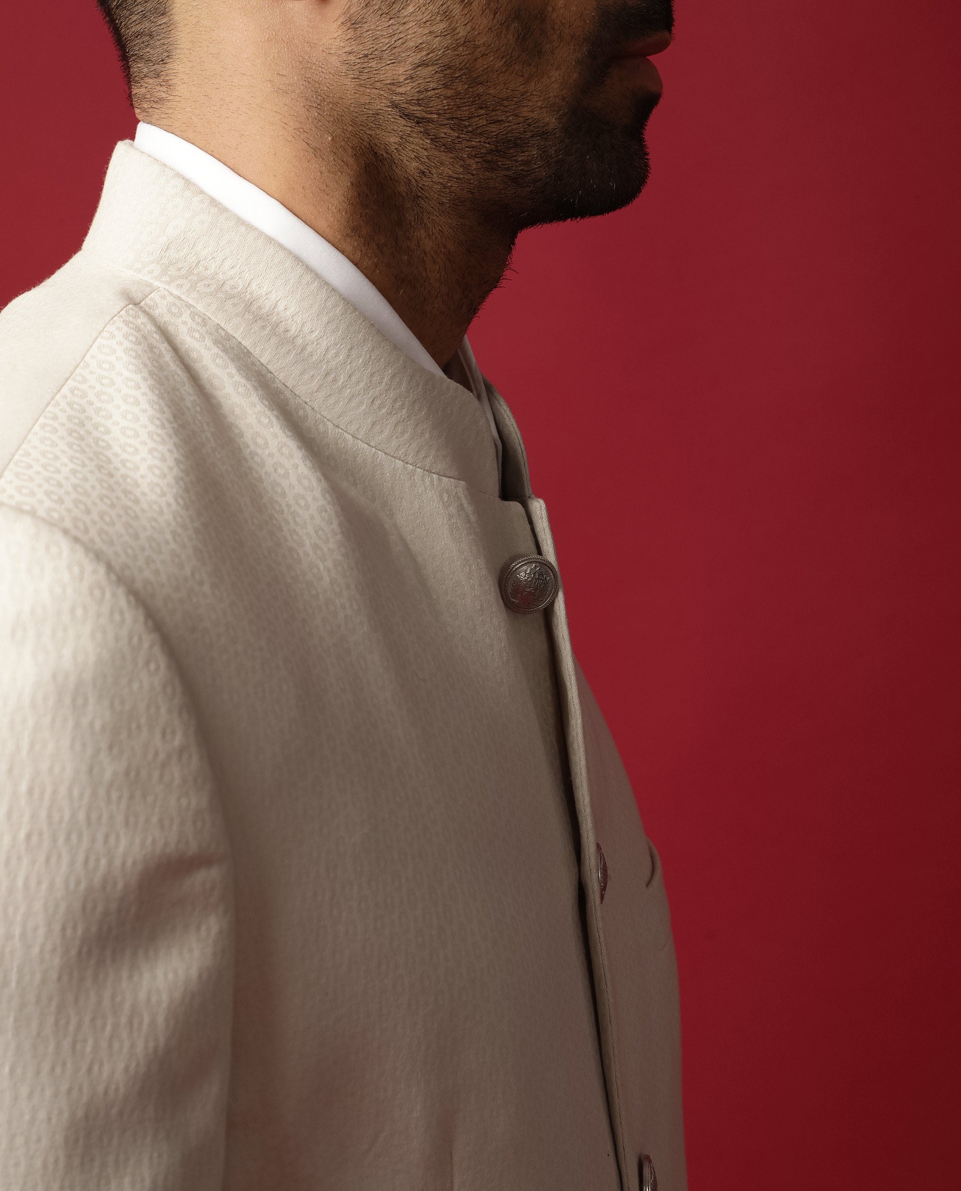 Rare Rabbit Men's Elsie Beige Mandarin Collar Tailored Fit Geometric Jacquard Bandhgala