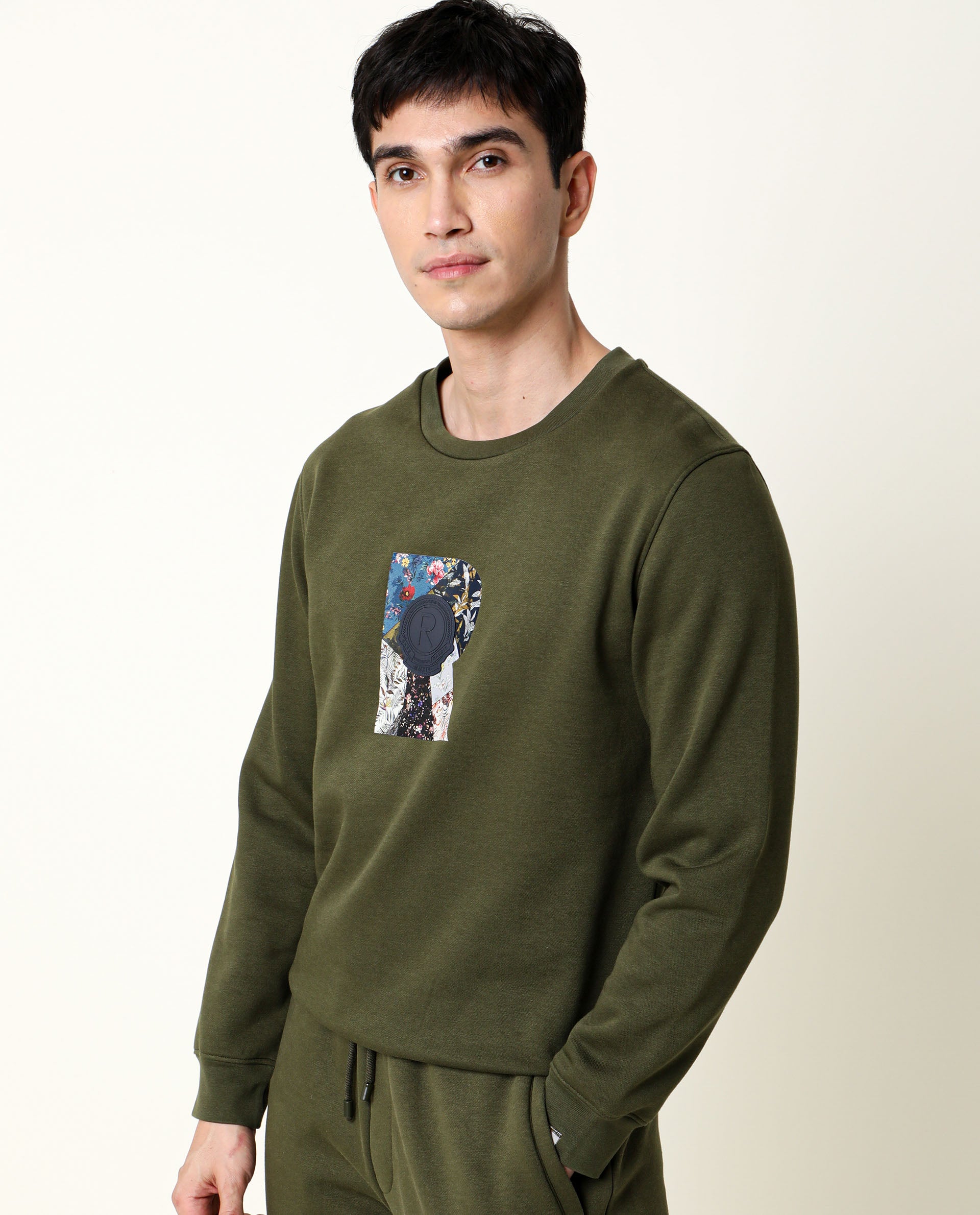 Rare Rabbit Men's Astor Olive Cotton Polyester Fabric Full Sleeves Floral Graphic Print Sweatshirt