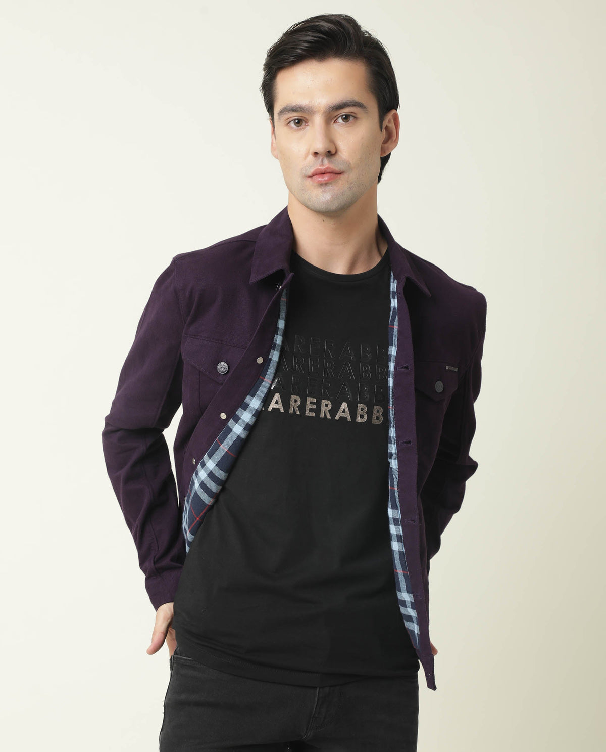 RARE RABBIT MEN'S VINTAGE PURPLE JACKET COTTON FABRIC COLLARED NECK FULL SLEEVES BUTTON CLOSURE SLIM FIT